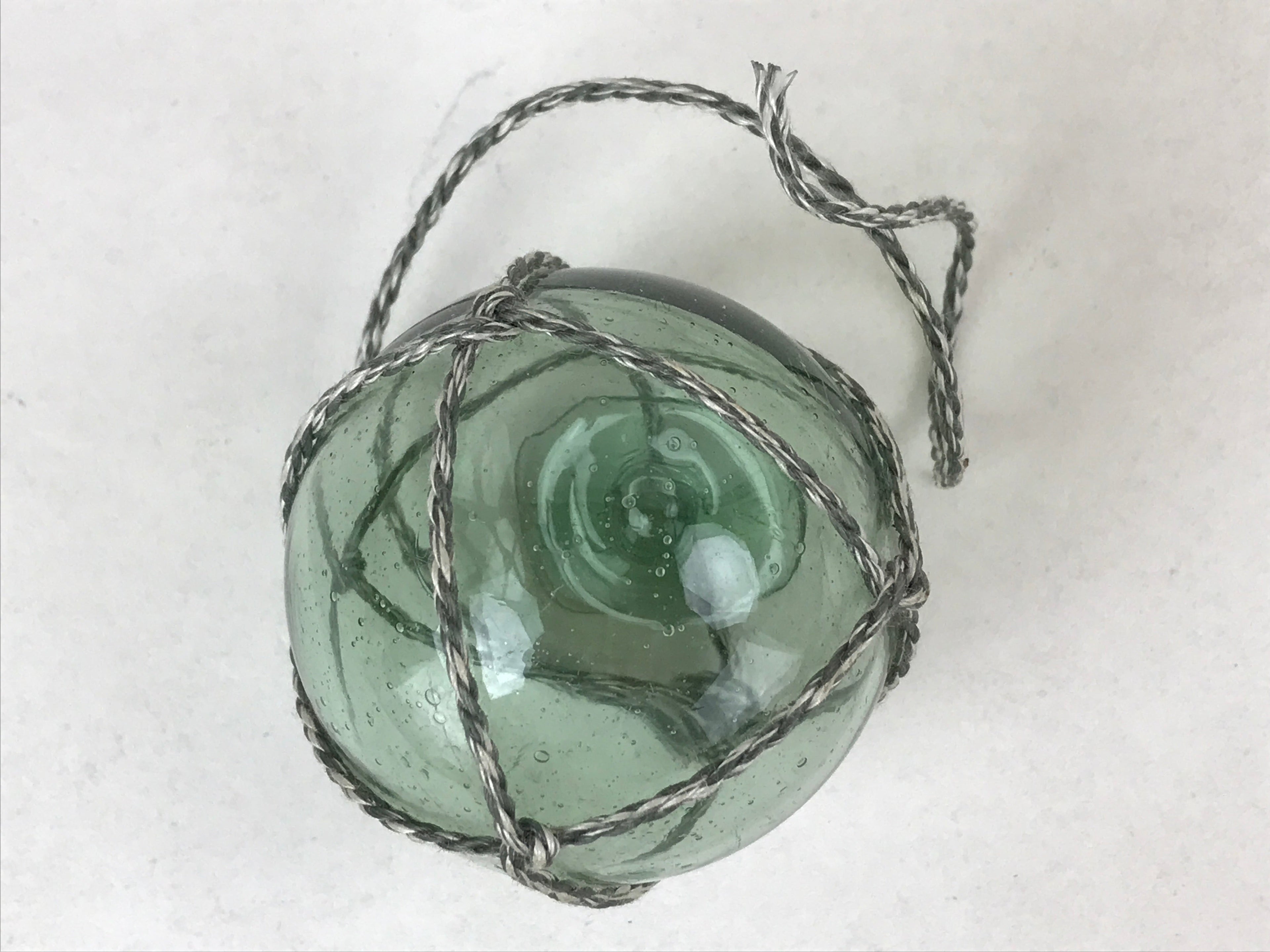 Japanese Glass Fishing Float Ukidama Buoy Ball Vtg Bindama Rope Small Blue GF26