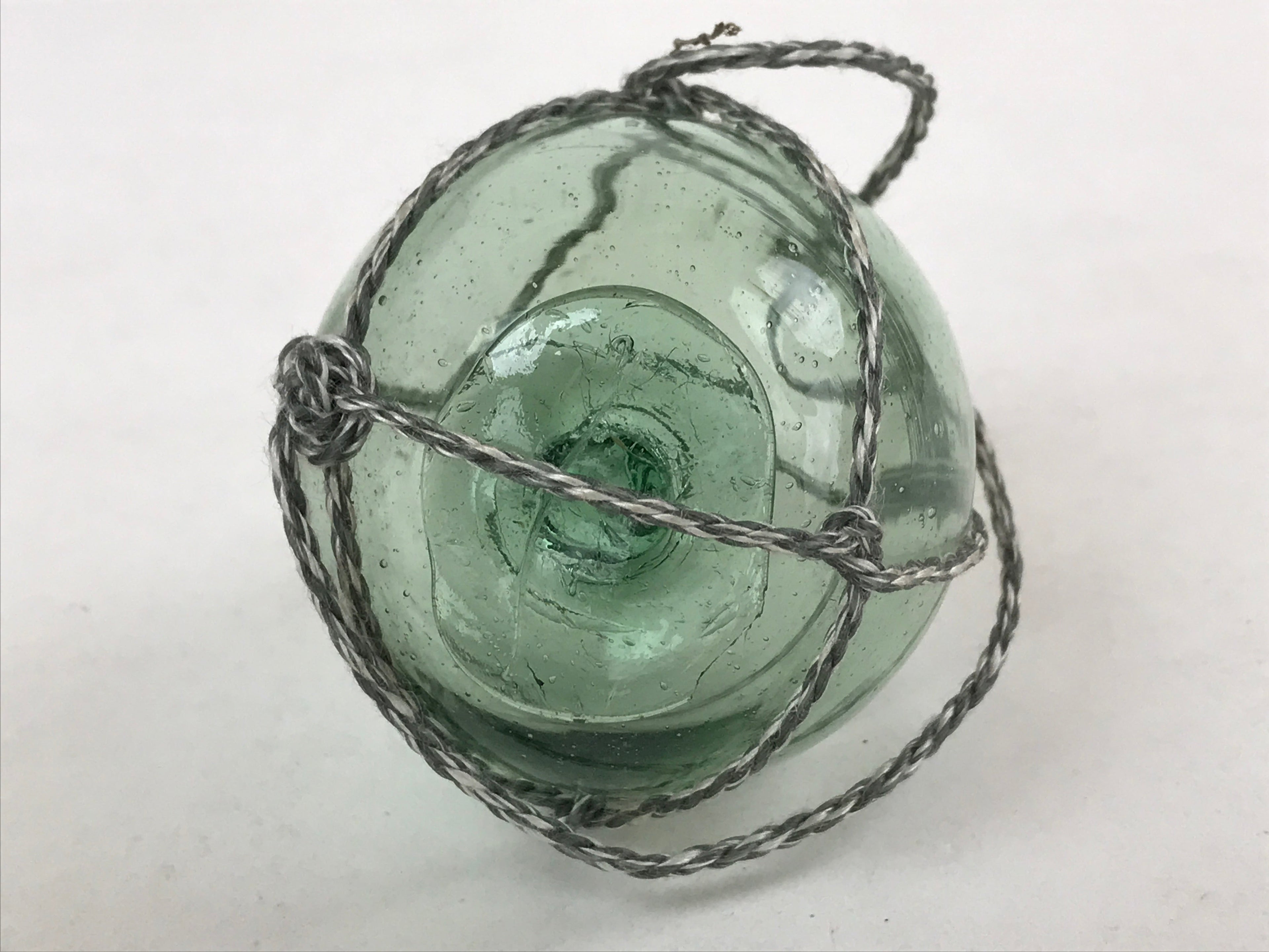 Japanese Glass Fishing Float Ukidama Buoy Ball Vtg Bindama Rope Small Blue GF26