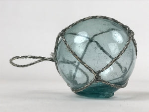 Japanese Glass Fishing Float Ukidama Buoy Ball Vtg Bindama Rope Small Blue GF27