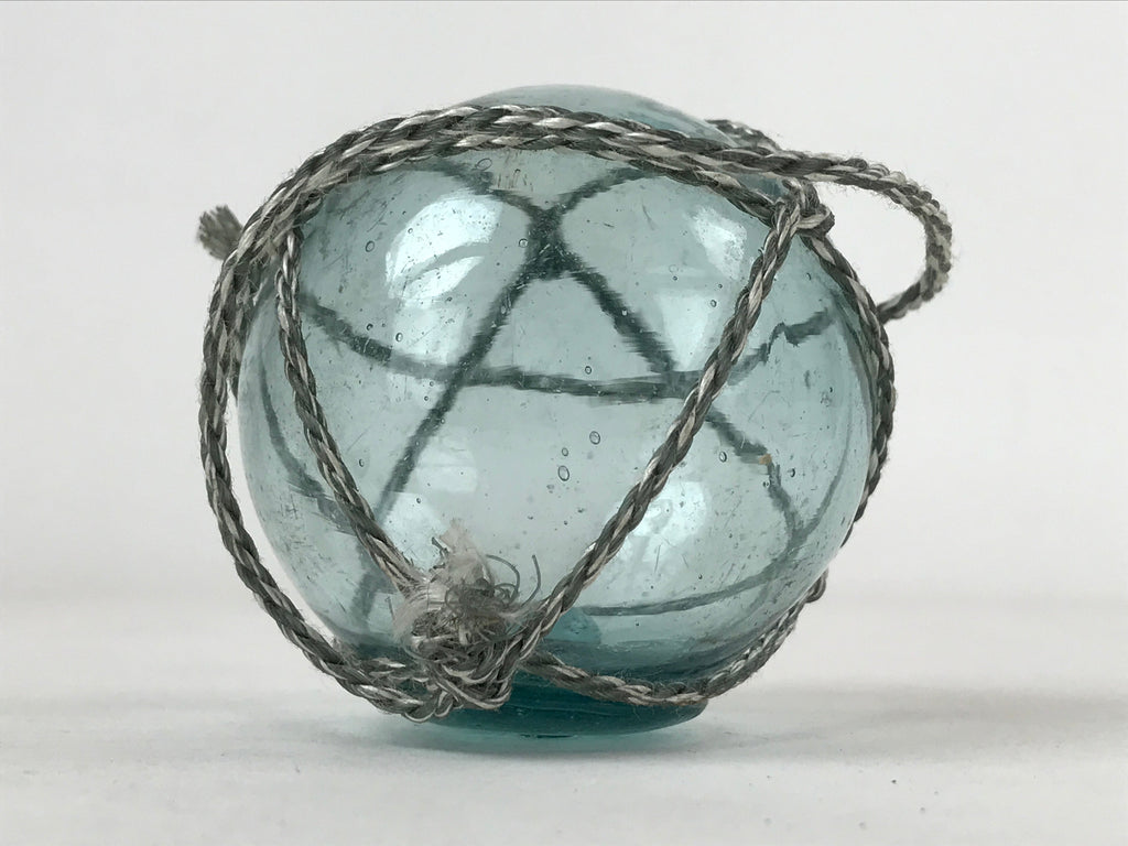 Japanese Glass Fishing Float Ukidama Buoy Ball Vtg Bindama Rope Small Blue GF27