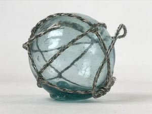 Japanese Glass Fishing Float Ukidama Buoy Ball Vtg Bindama Rope Small Blue GF27