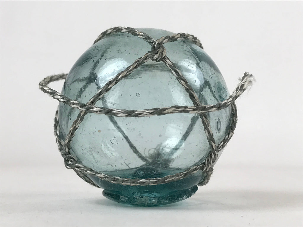 Japanese Glass Fishing Float Ukidama Buoy Ball Vtg Bindama Rope Small Blue GF27