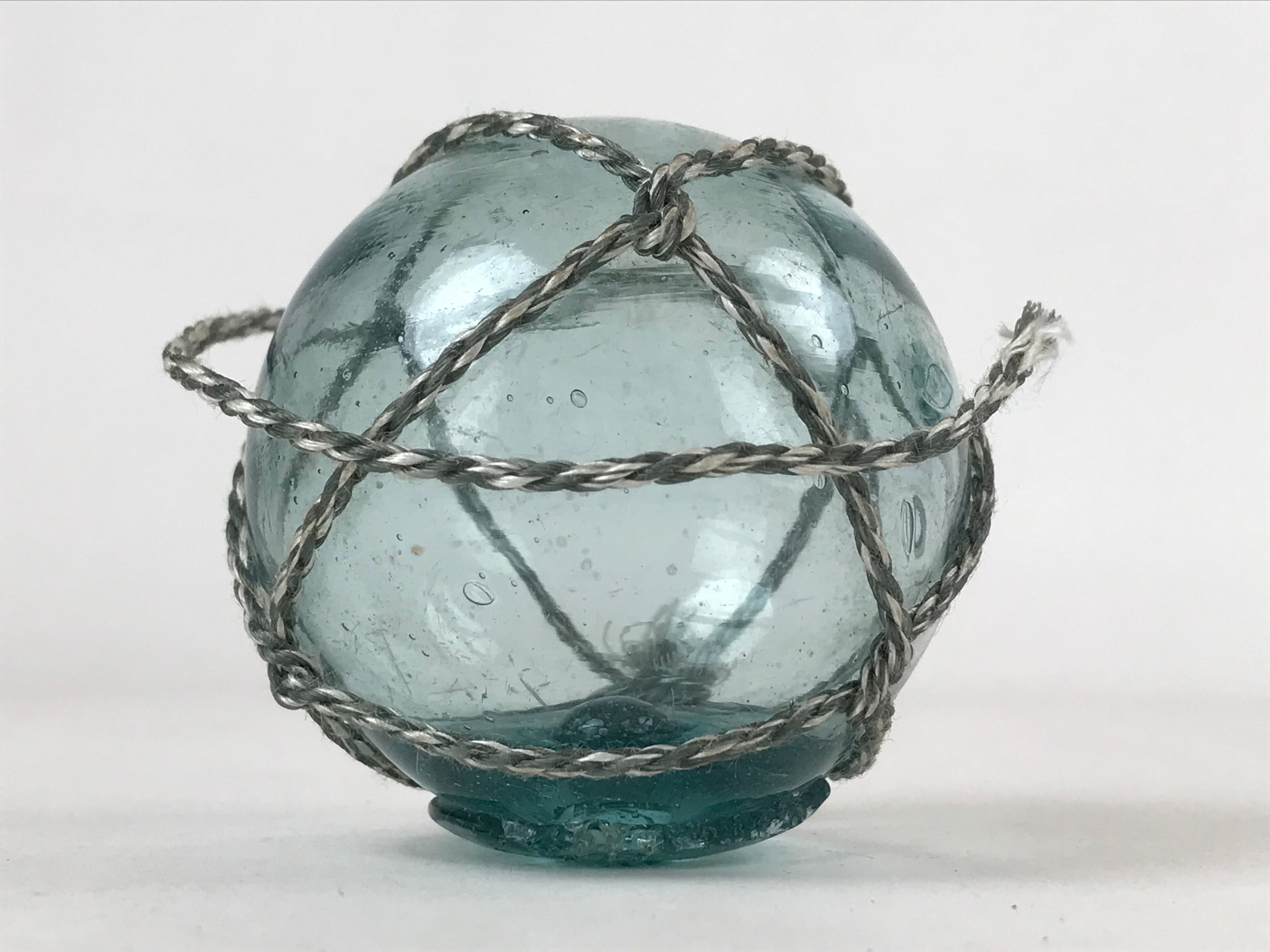 Japanese Glass Fishing Float Ukidama Buoy Ball Vtg Bindama Rope Small Blue GF27