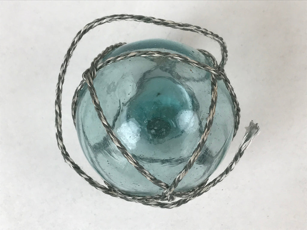 Japanese Glass Fishing Float Ukidama Buoy Ball Vtg Bindama Rope Small Blue GF27