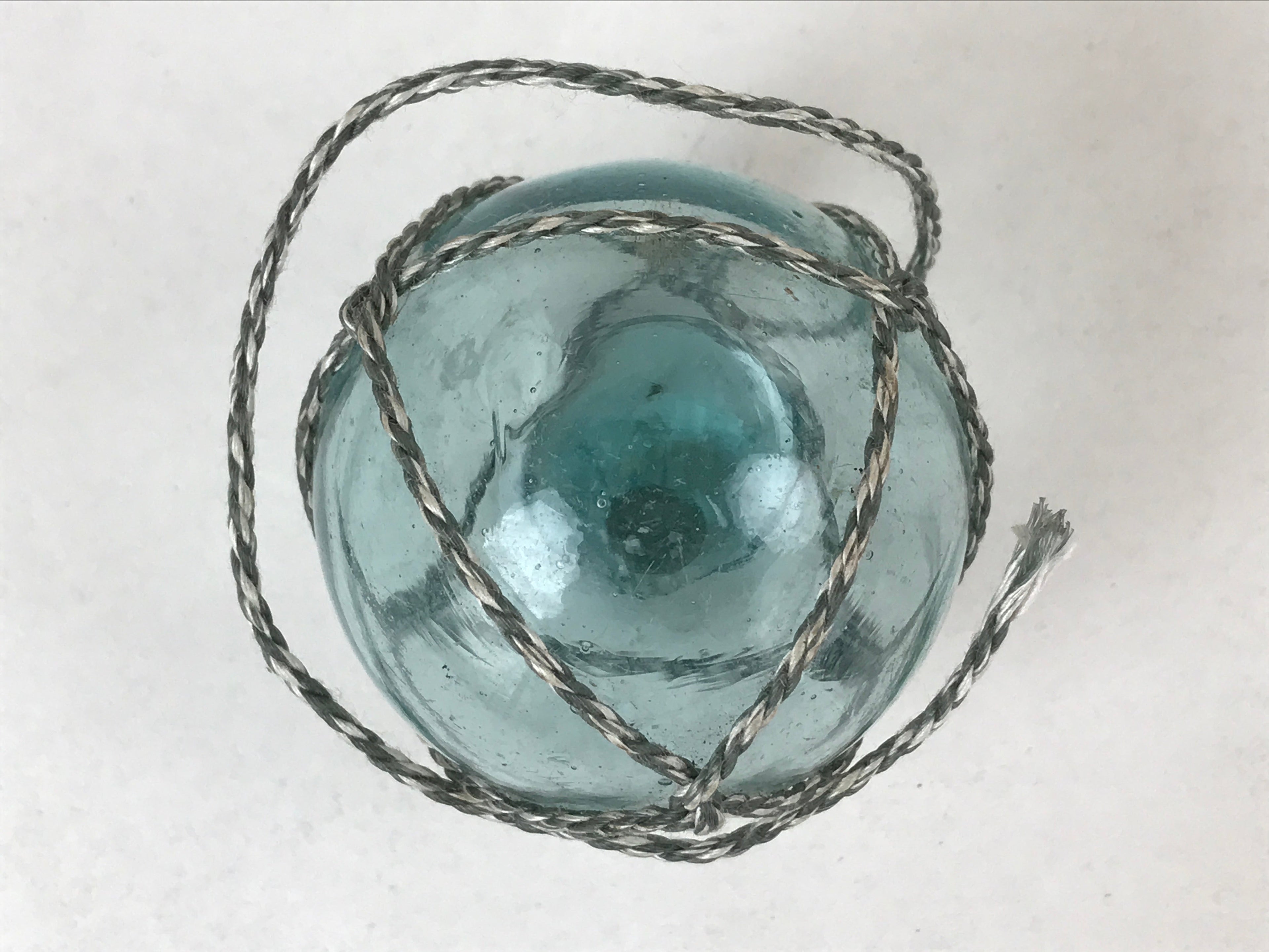Japanese Glass Fishing Float Ukidama Buoy Ball Vtg Bindama Rope Small Blue GF27