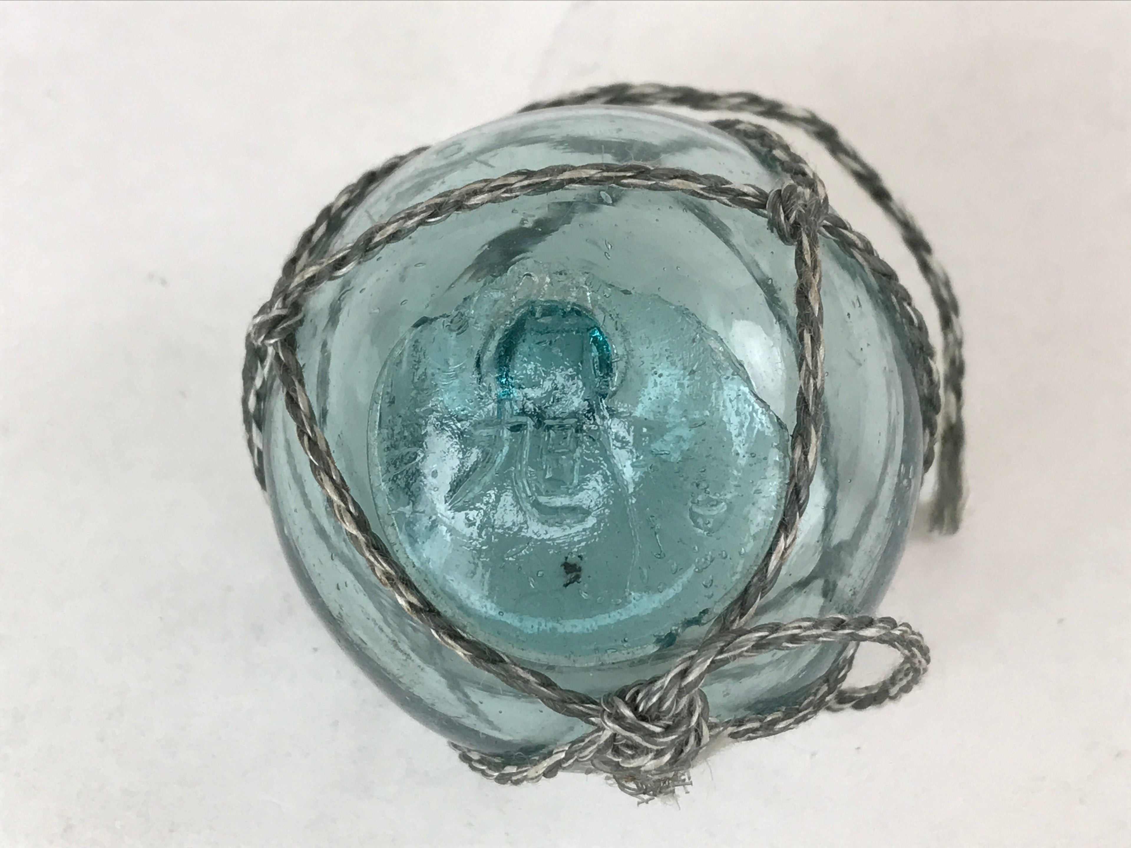 Japanese Glass Fishing Float Ukidama Buoy Ball Vtg Bindama Rope Small Blue GF27