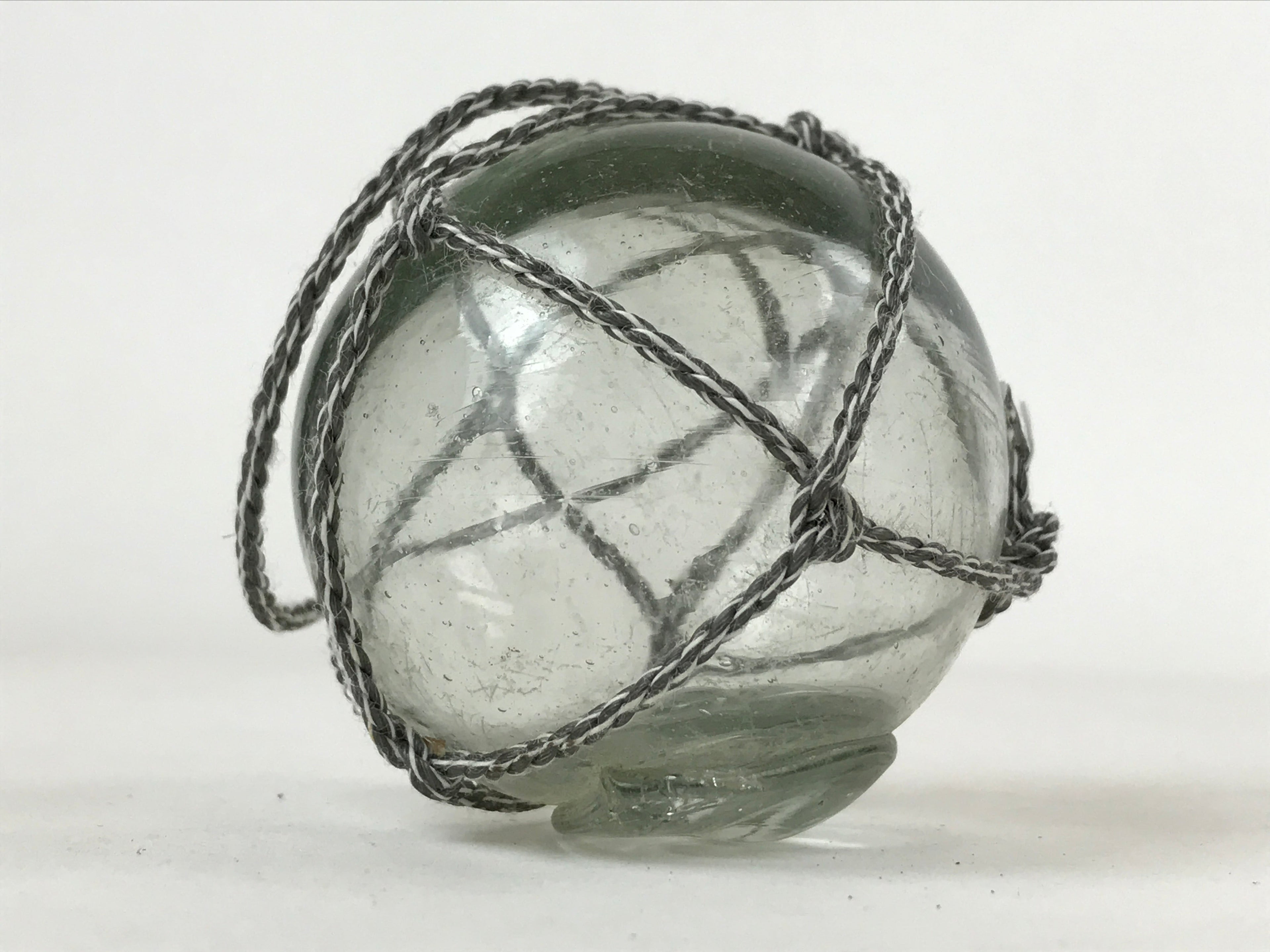 Japanese Glass Fishing Float Ukidama Buoy Ball Vtg Bindama Rope Small Blue GF28