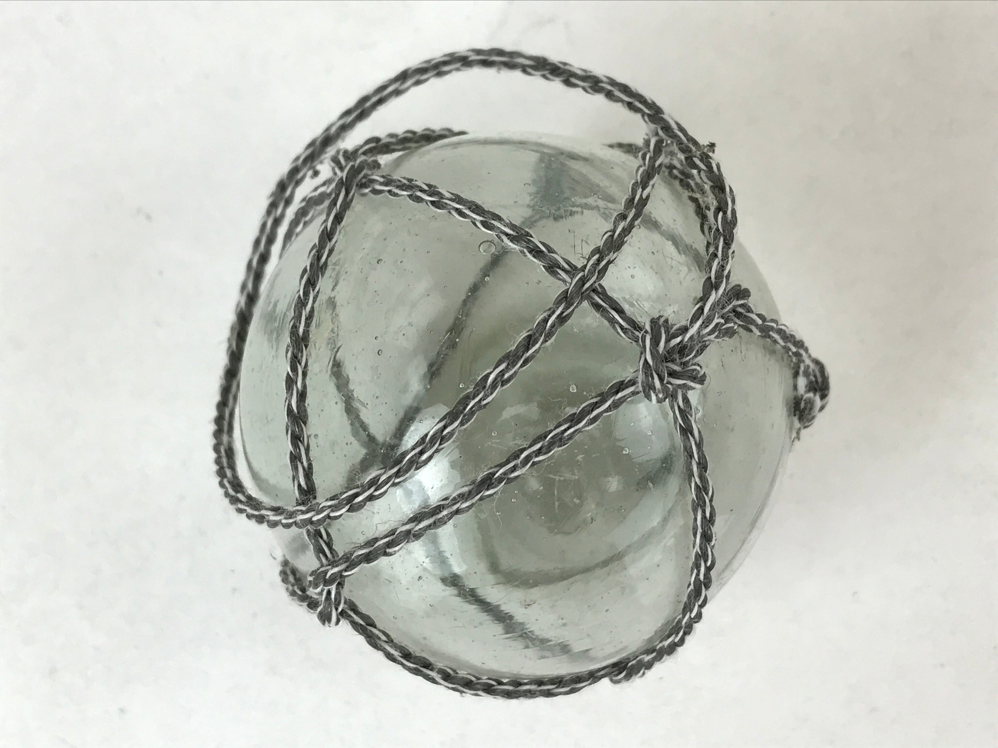 Japanese Glass Fishing Float Ukidama Buoy Ball Vtg Bindama Rope Small Blue GF28