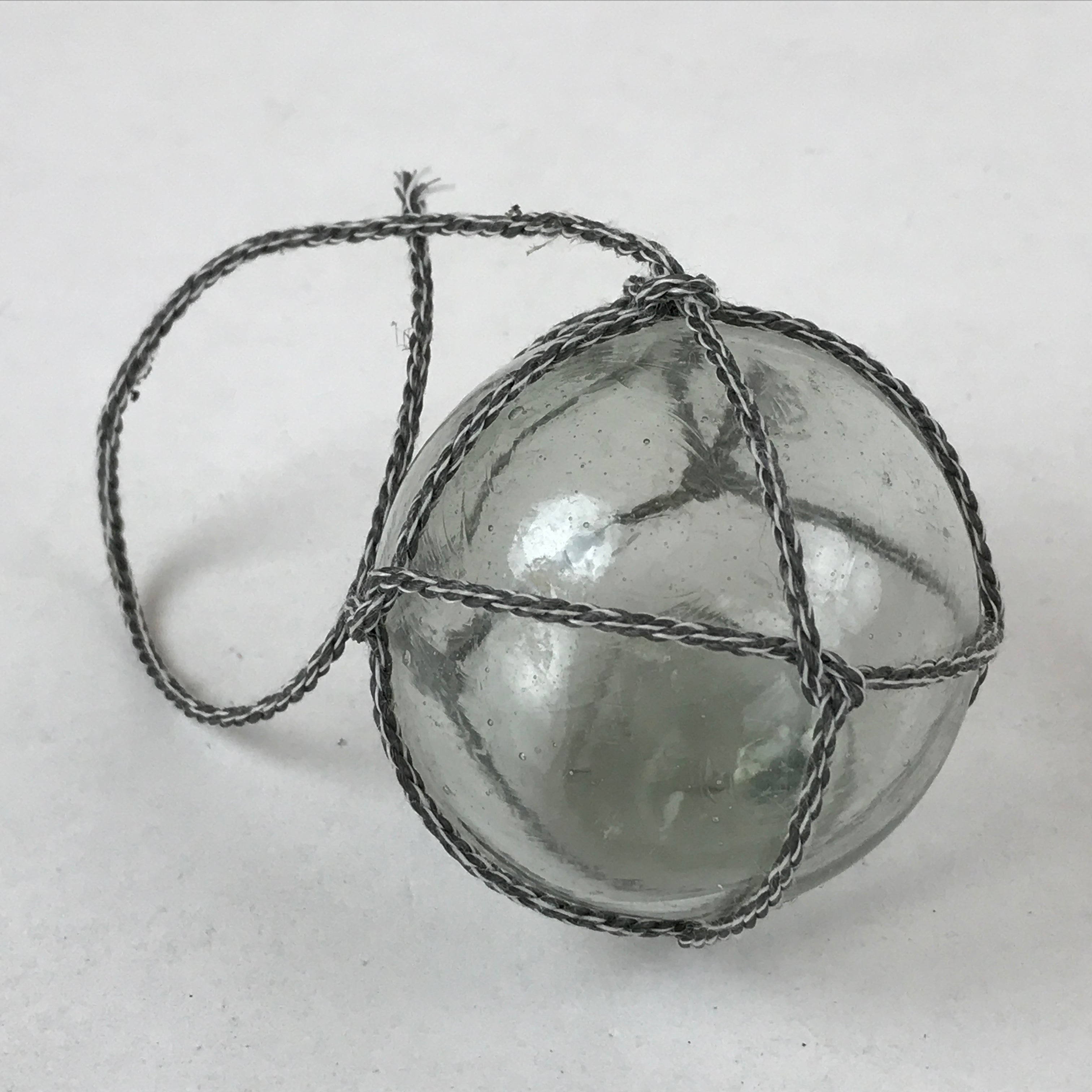 Japanese Glass Fishing Float Ukidama Buoy Ball Vtg Bindama Rope Small Blue GF28