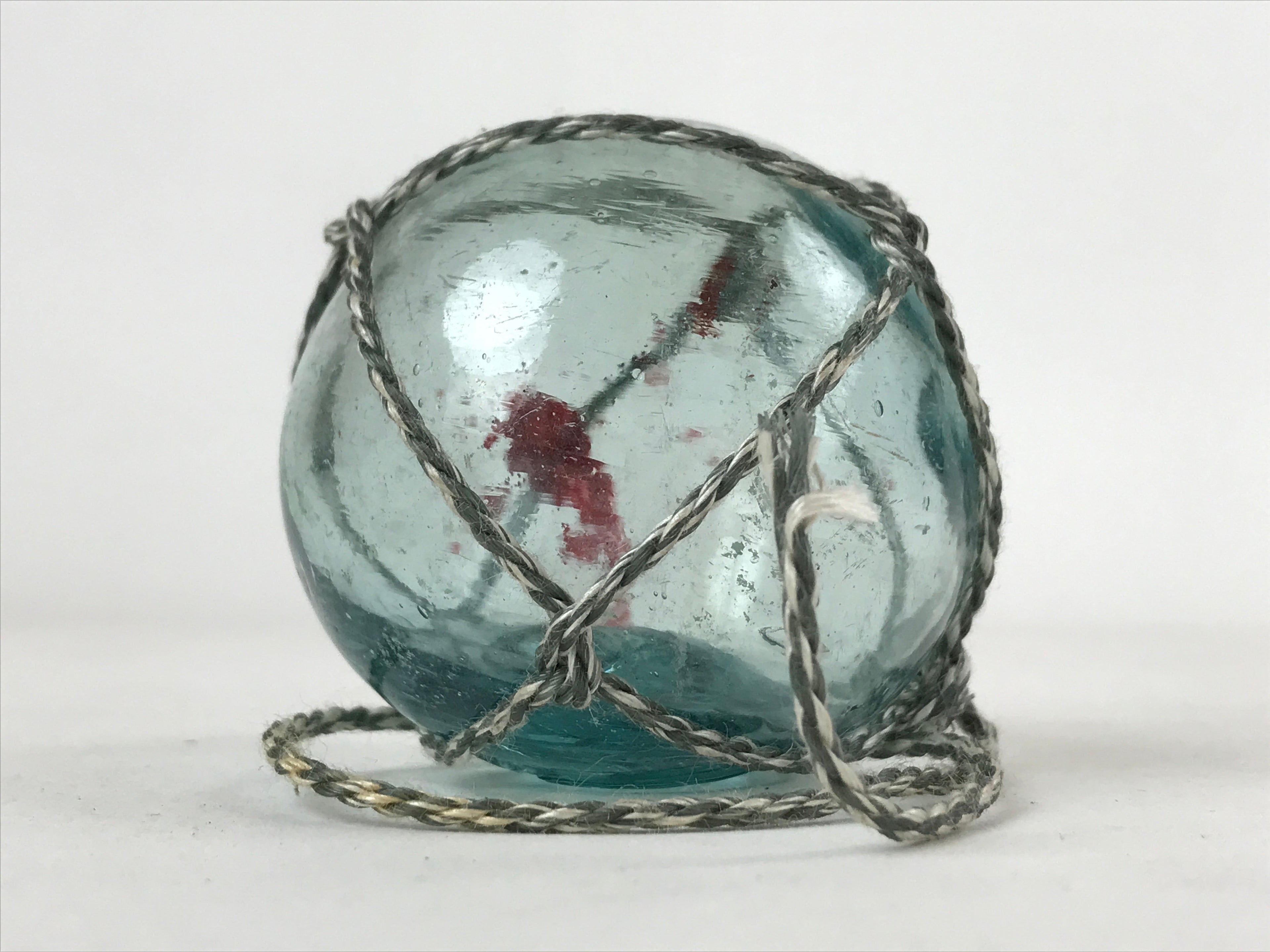 Japanese Glass Fishing Float Ukidama Buoy Ball Vtg Bindama Rope Small Blue GF29