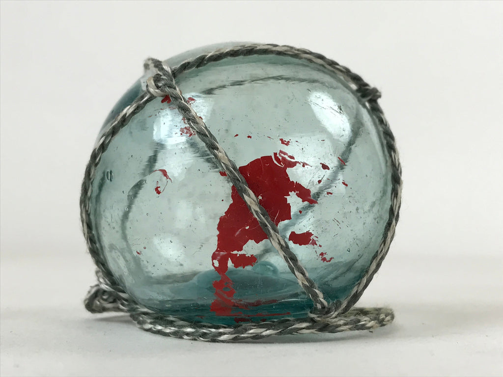 Japanese Glass Fishing Float Ukidama Buoy Ball Vtg Bindama Rope Small Blue GF29