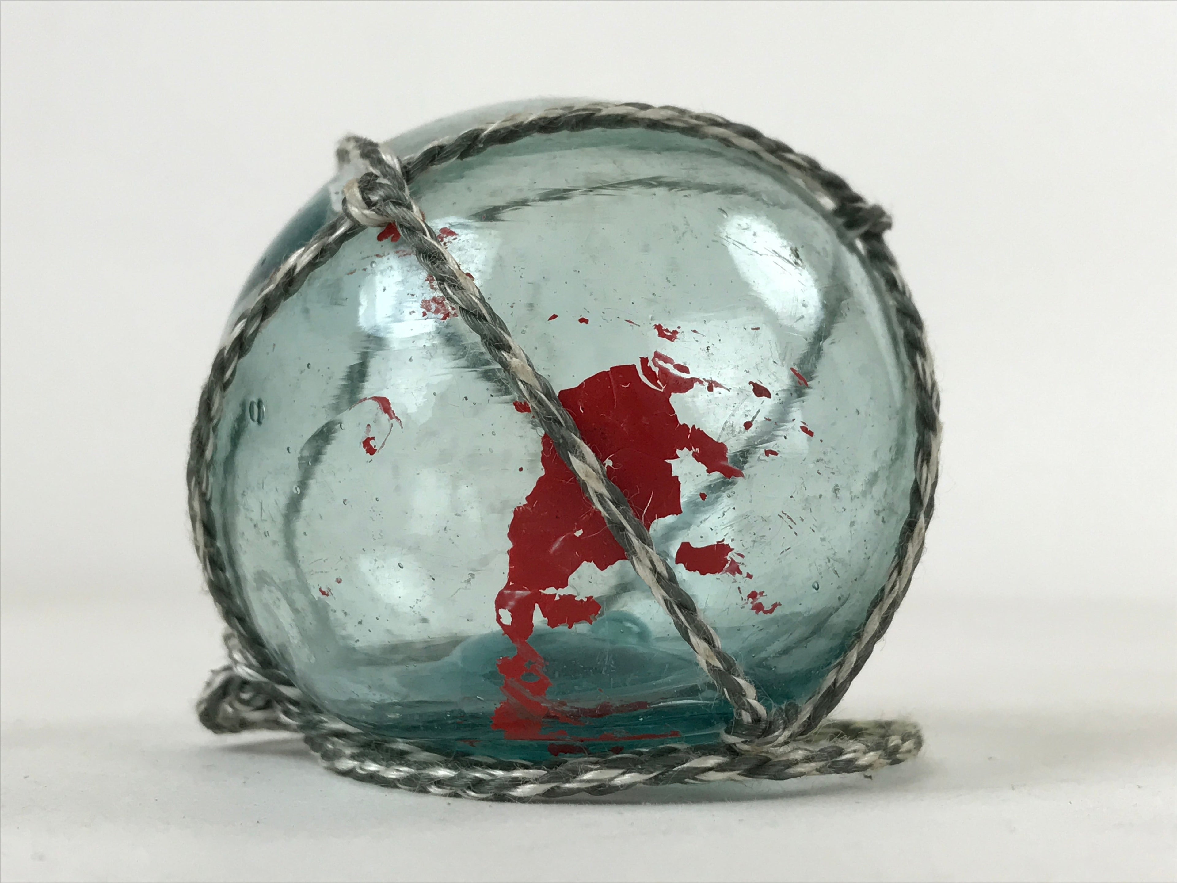 Japanese Glass Fishing Float Ukidama Buoy Ball Vtg Bindama Rope Small Blue GF29