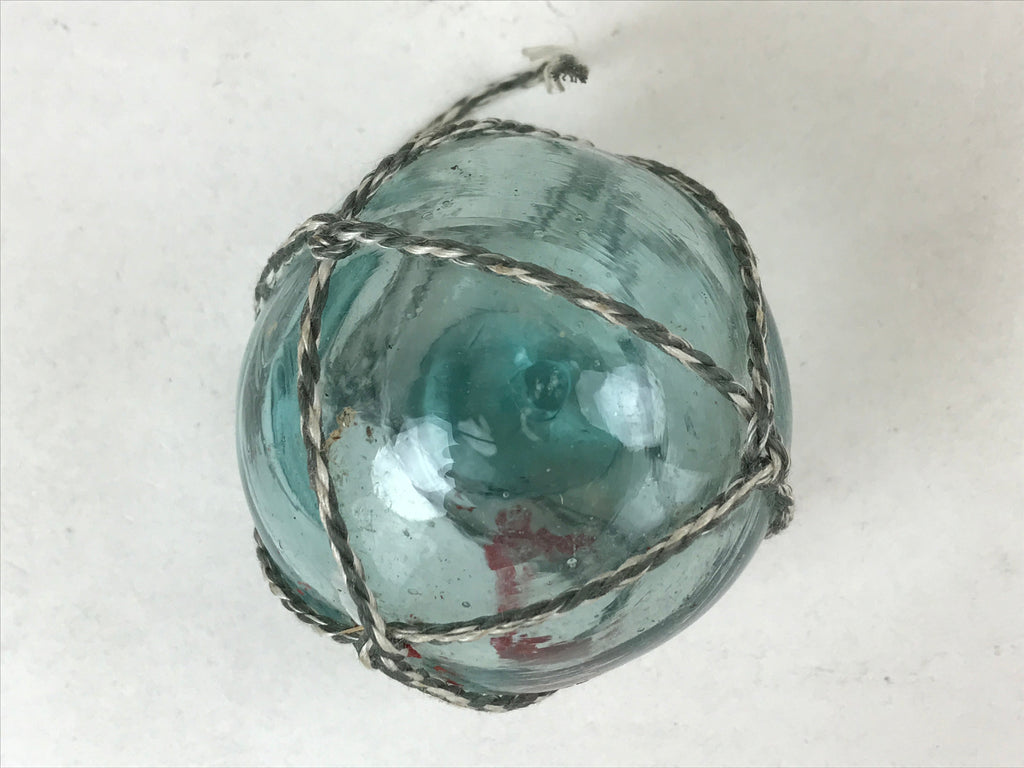 Japanese Glass Fishing Float Ukidama Buoy Ball Vtg Bindama Rope Small Blue GF29