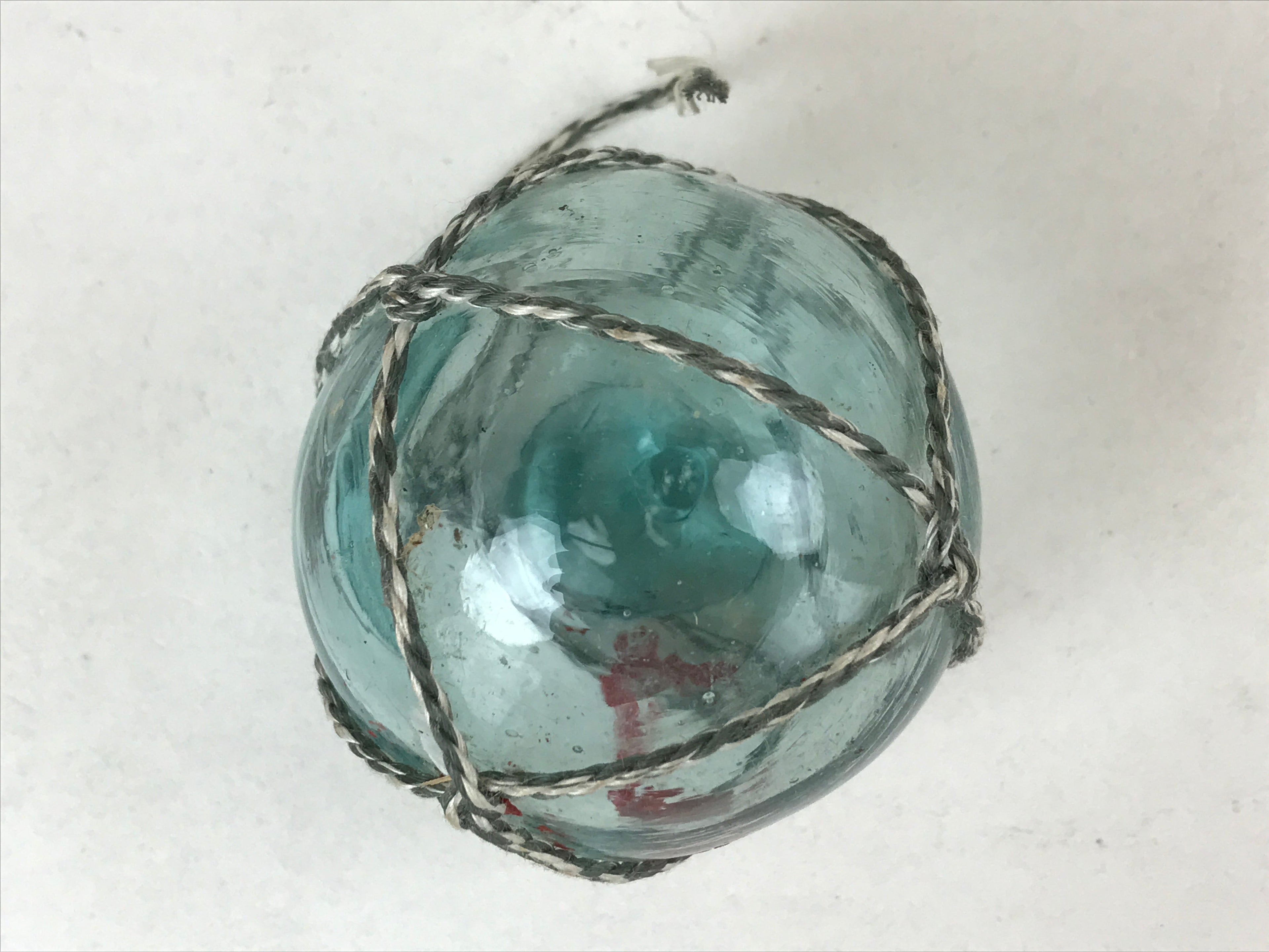 Japanese Glass Fishing Float Ukidama Buoy Ball Vtg Bindama Rope Small Blue GF29