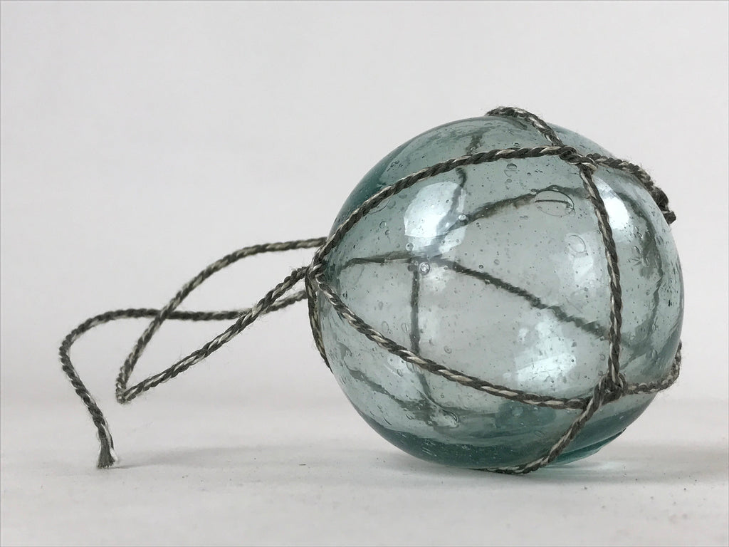 Japanese Glass Fishing Float Ukidama Buoy Ball Vtg Bindama Rope Small Blue GF30