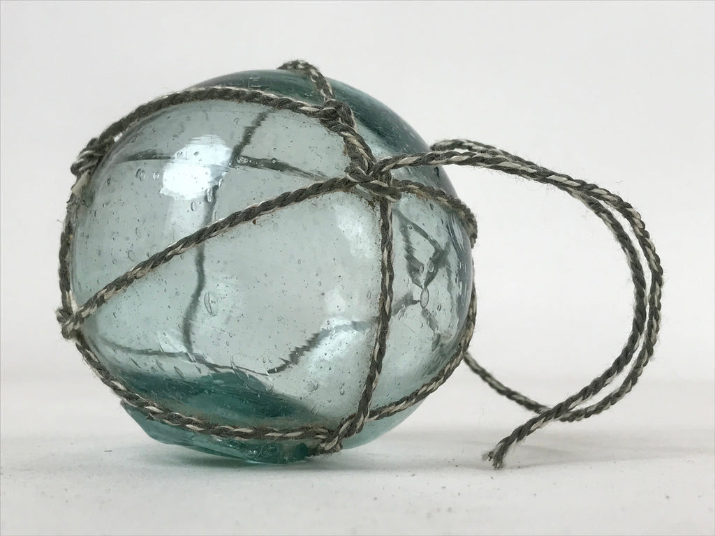 Japanese Glass Fishing Float Ukidama Buoy Ball Vtg Bindama Rope Small Blue GF30