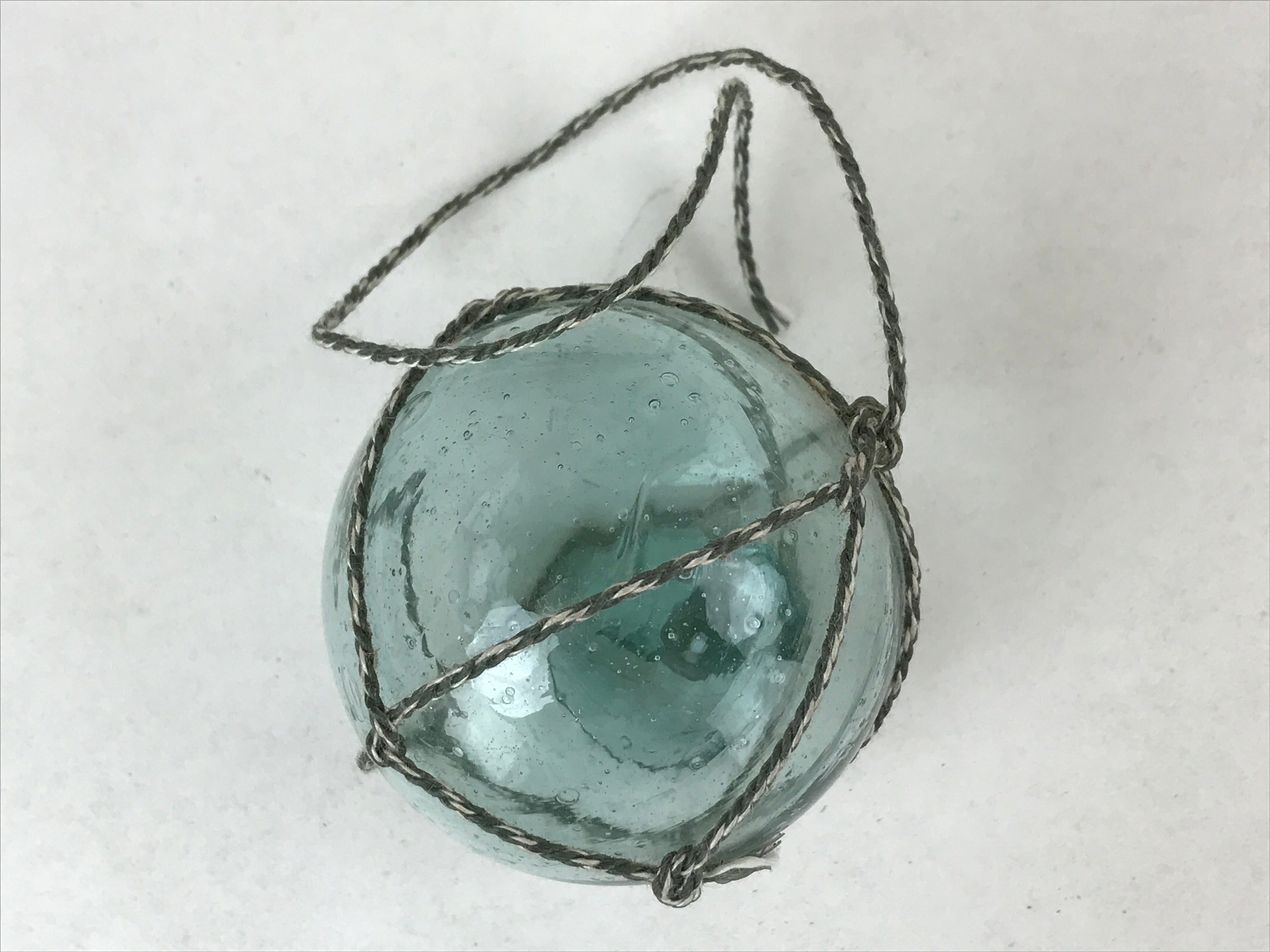 Japanese Glass Fishing Float Ukidama Buoy Ball Vtg Bindama Rope Small Blue GF30