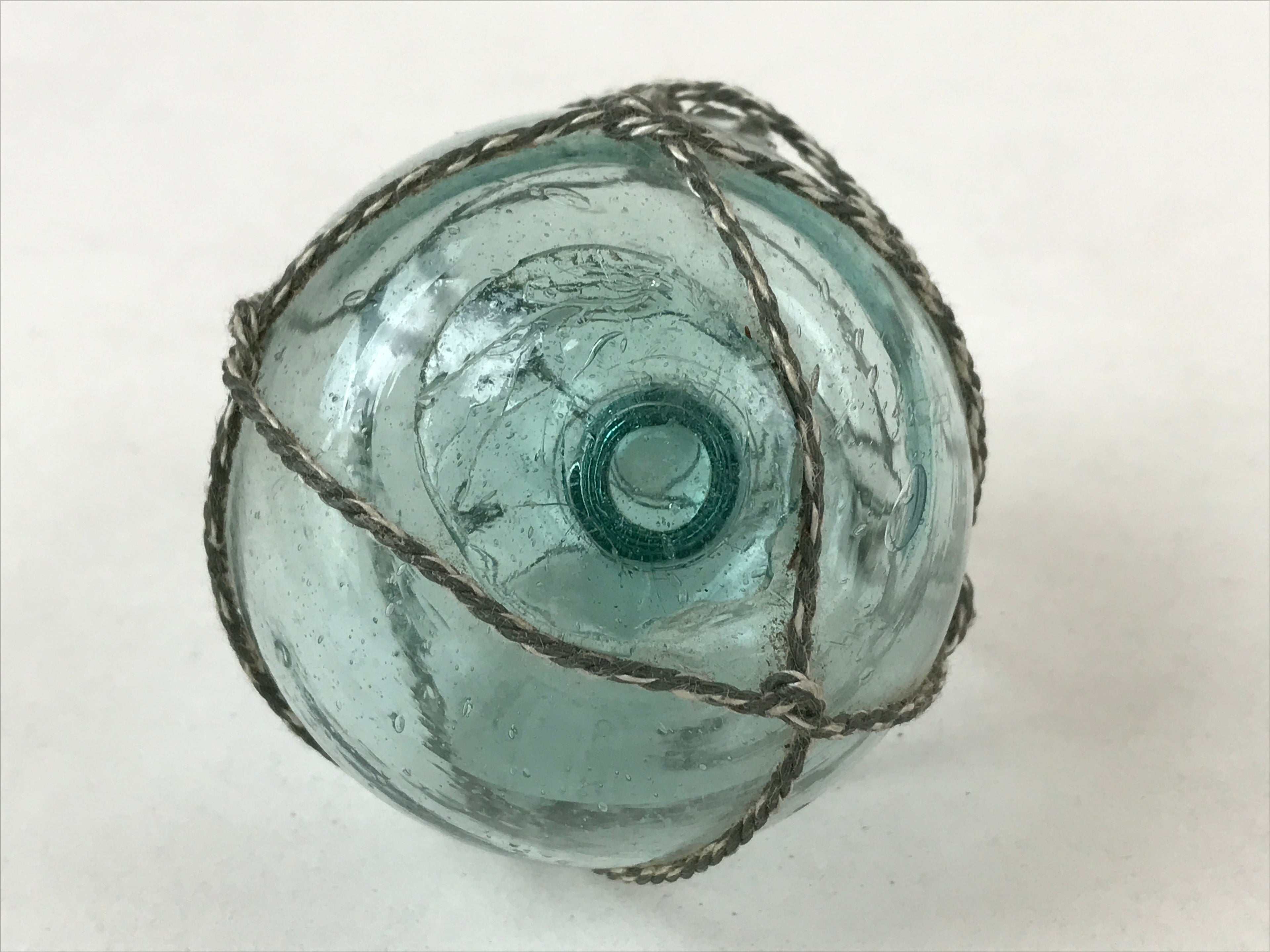Japanese Glass Fishing Float Ukidama Buoy Ball Vtg Bindama Rope Small Blue GF30