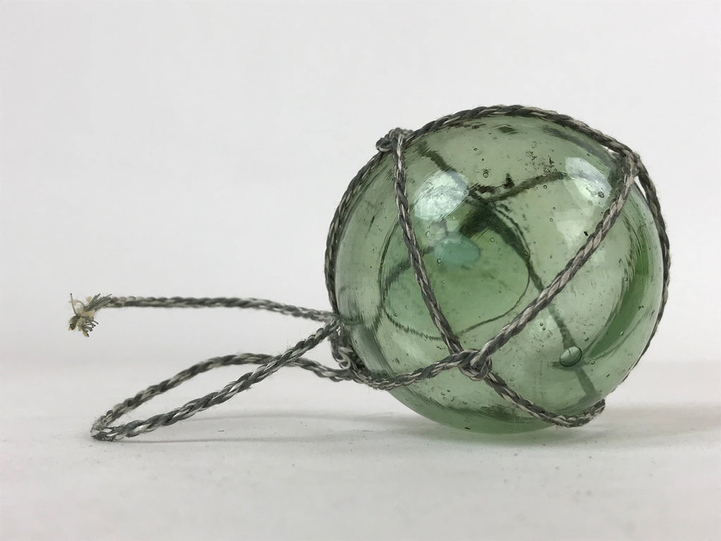 Japanese Glass Fishing Float Ukidama Buoy Ball Vtg Bindama Rope Small Green GF31