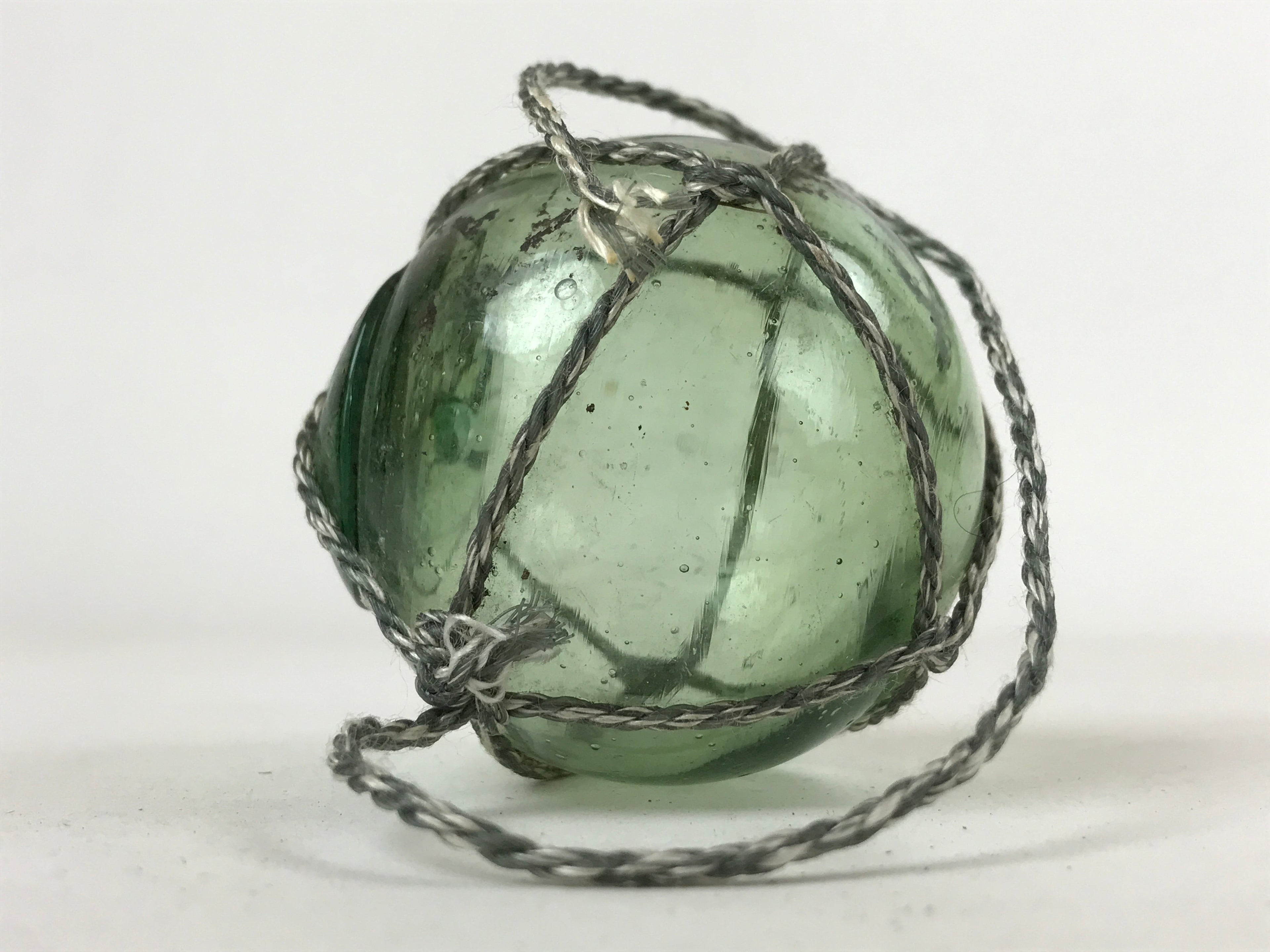 Japanese Glass Fishing Float Ukidama Buoy Ball Vtg Bindama Rope Small Green GF31