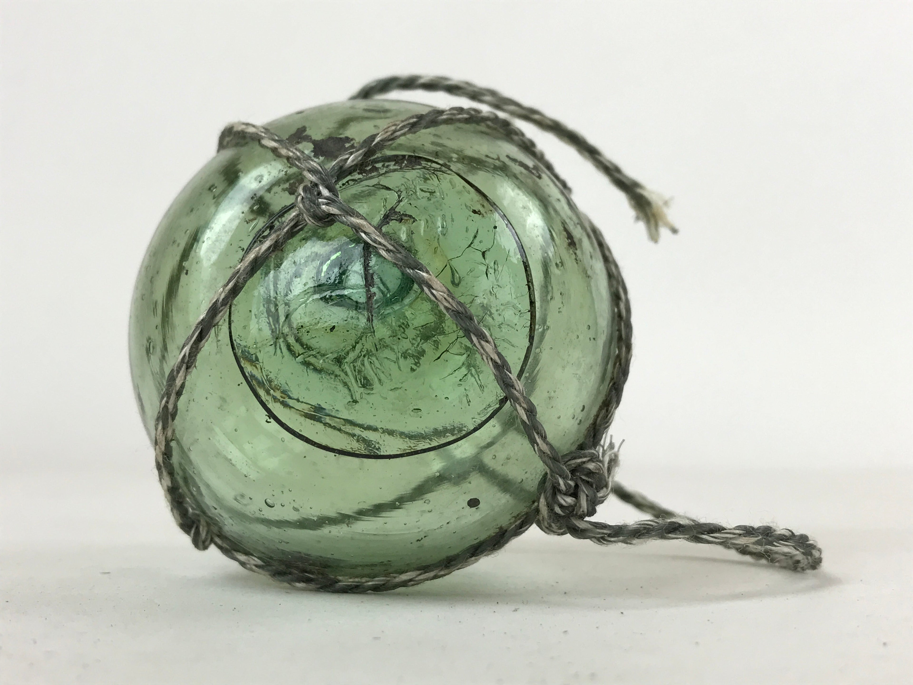 Japanese Glass Fishing Float Ukidama Buoy Ball Vtg Bindama Rope Small Green GF31