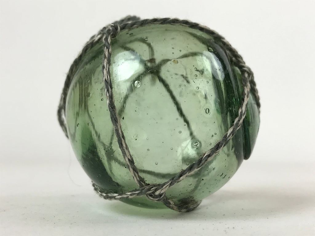Japanese Glass Fishing Float Ukidama Buoy Ball Vtg Bindama Rope Small Green GF31