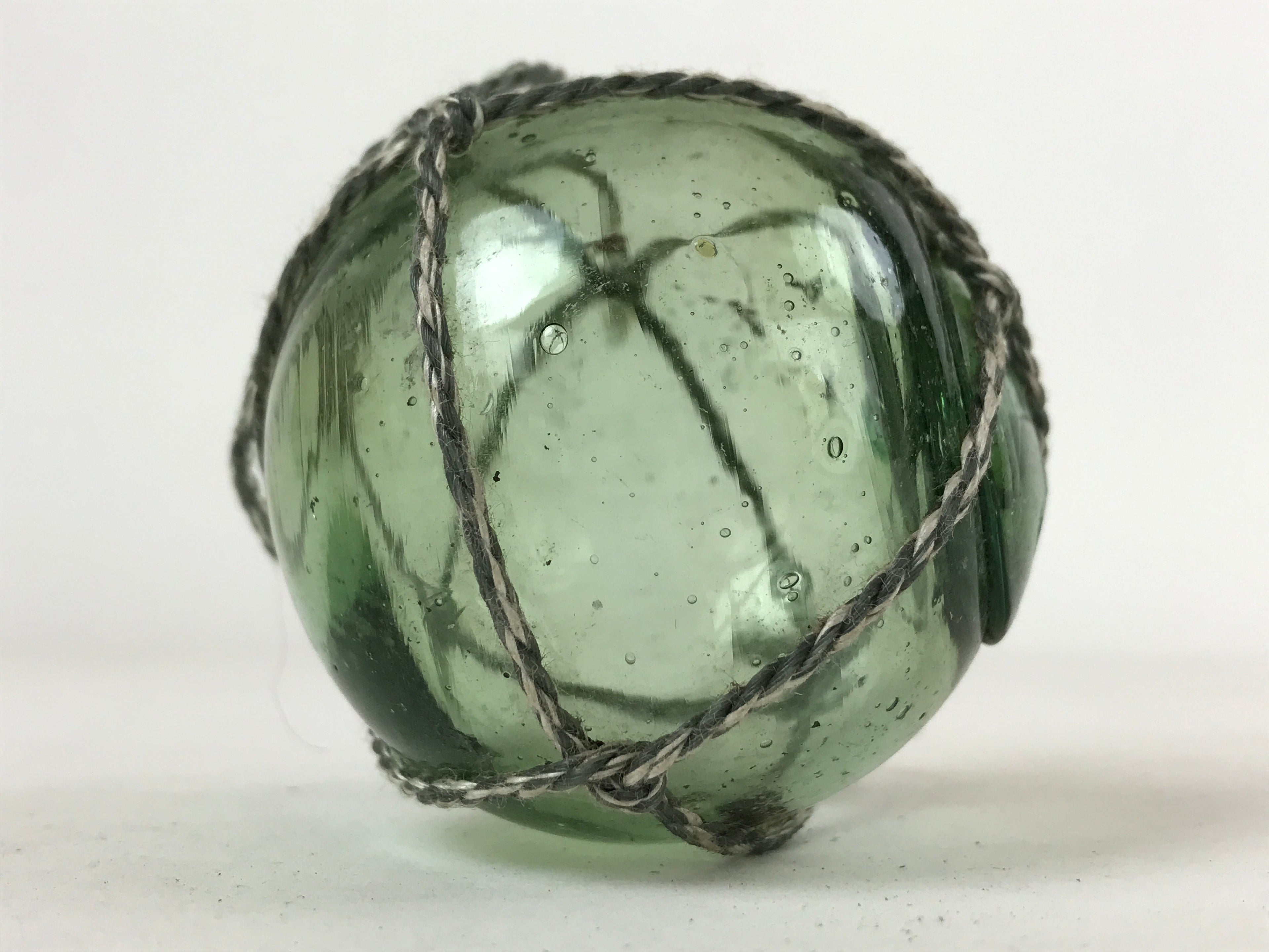 Japanese Glass Fishing Float Ukidama Buoy Ball Vtg Bindama Rope Small Green GF31