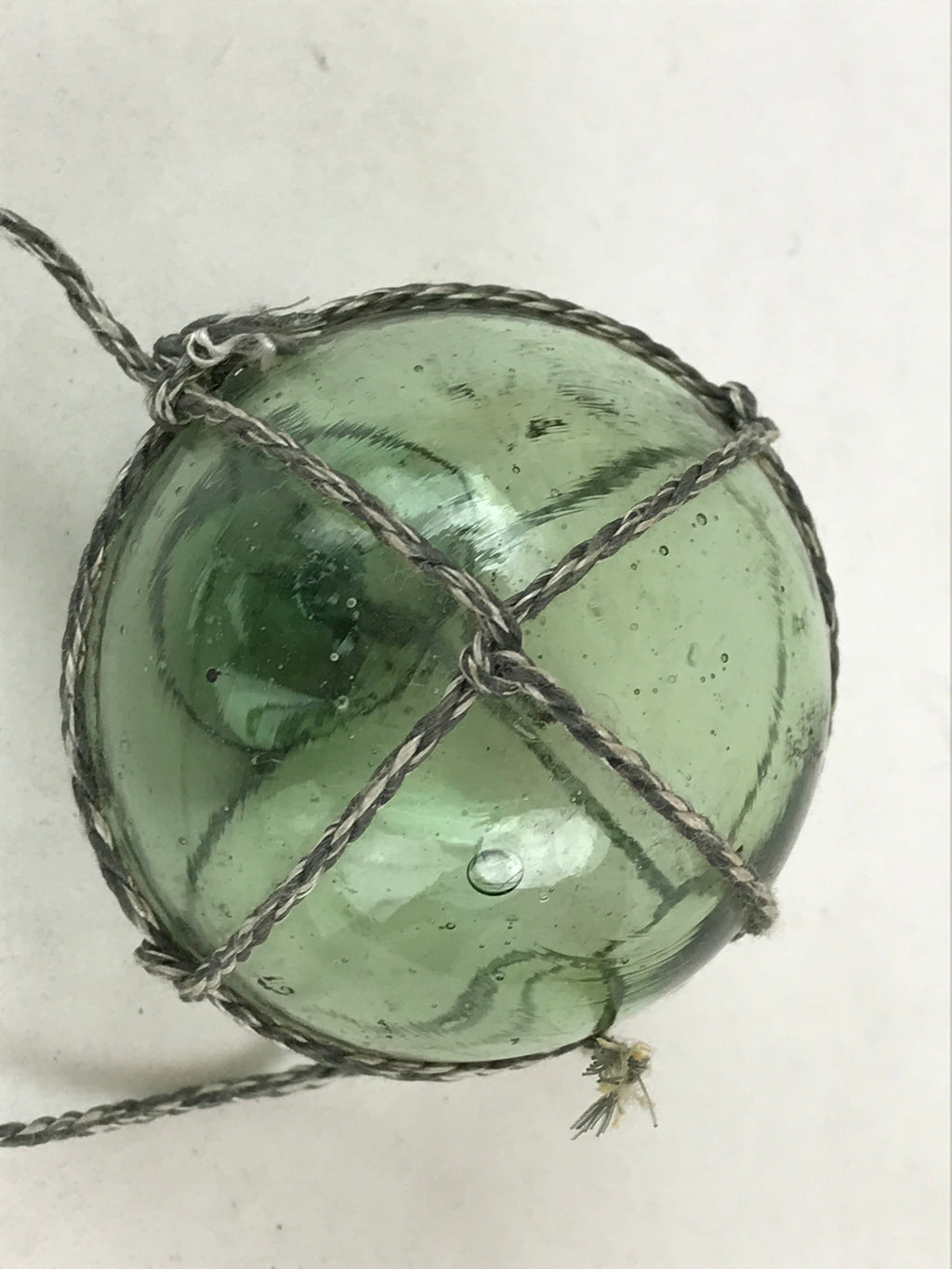 Japanese Glass Fishing Float Ukidama Buoy Ball Vtg Bindama Rope Small Green GF31