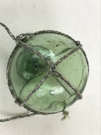 Japanese Glass Fishing Float Ukidama Buoy Ball Vtg Bindama Rope Small Green GF31