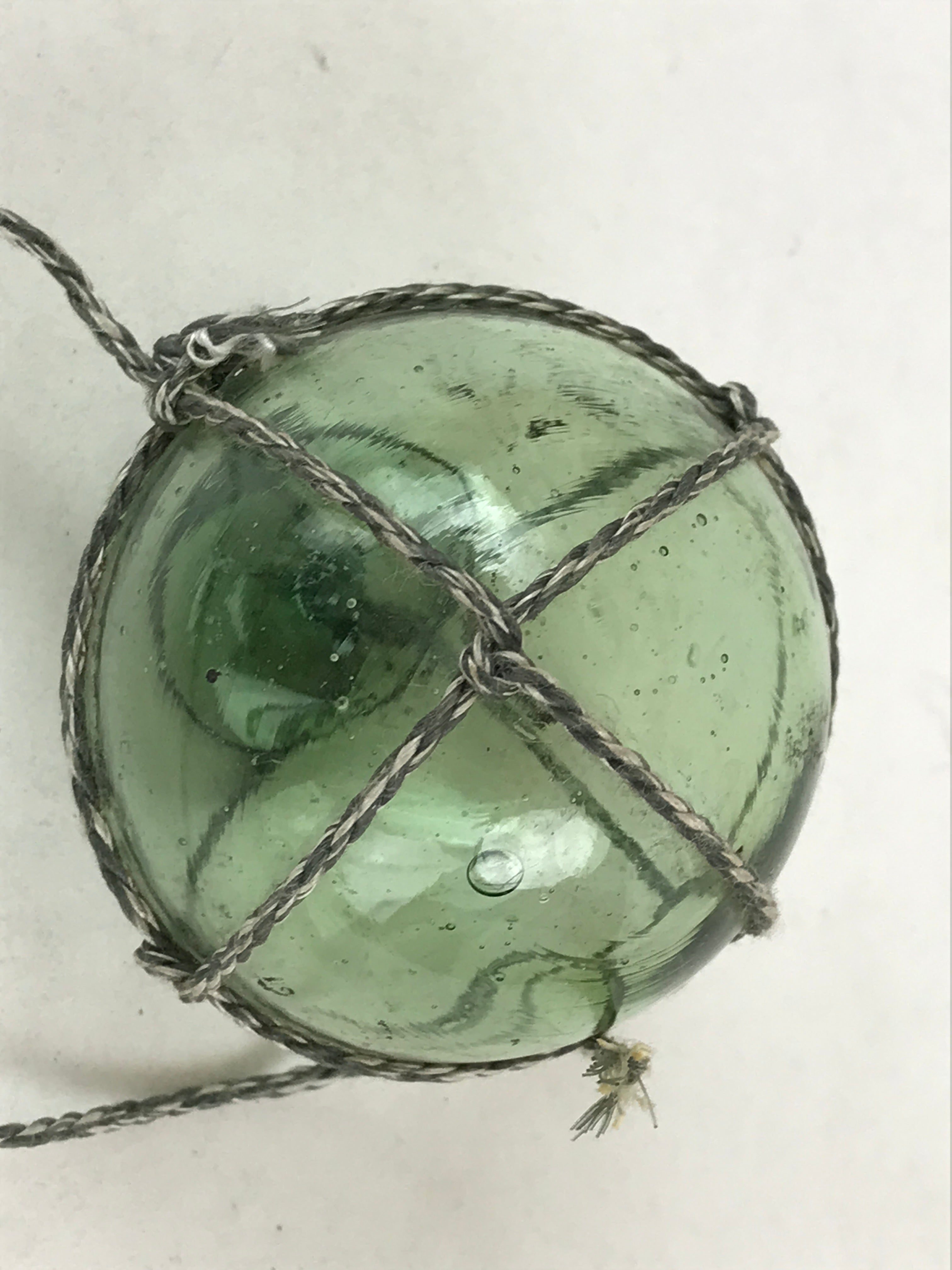 Japanese Glass Fishing Float Ukidama Buoy Ball Vtg Bindama Rope Small Green GF31
