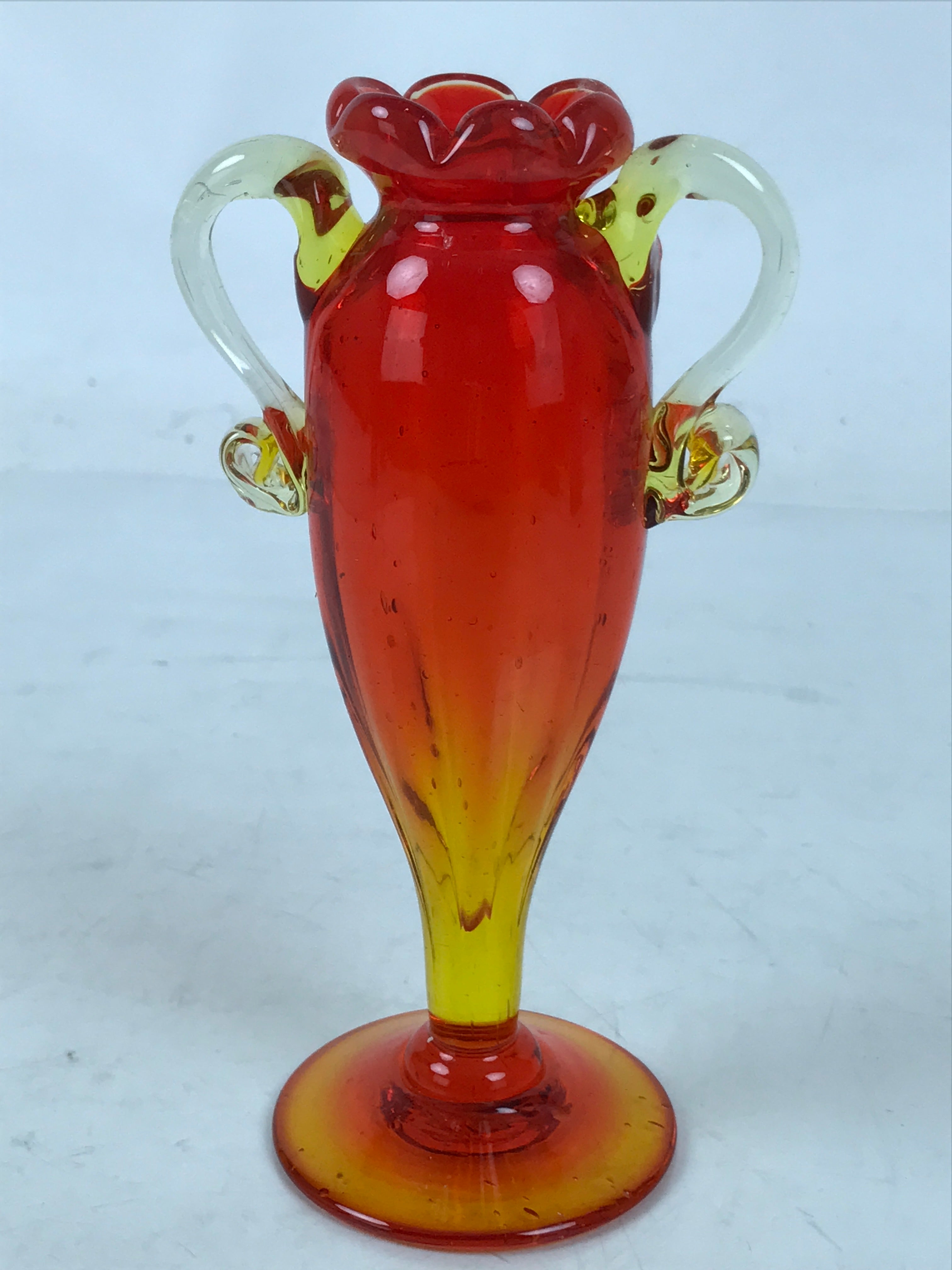 Japanese Glass Flower Vase Vtg Kabin Red Ichirinzashi Translucent Handle FK199