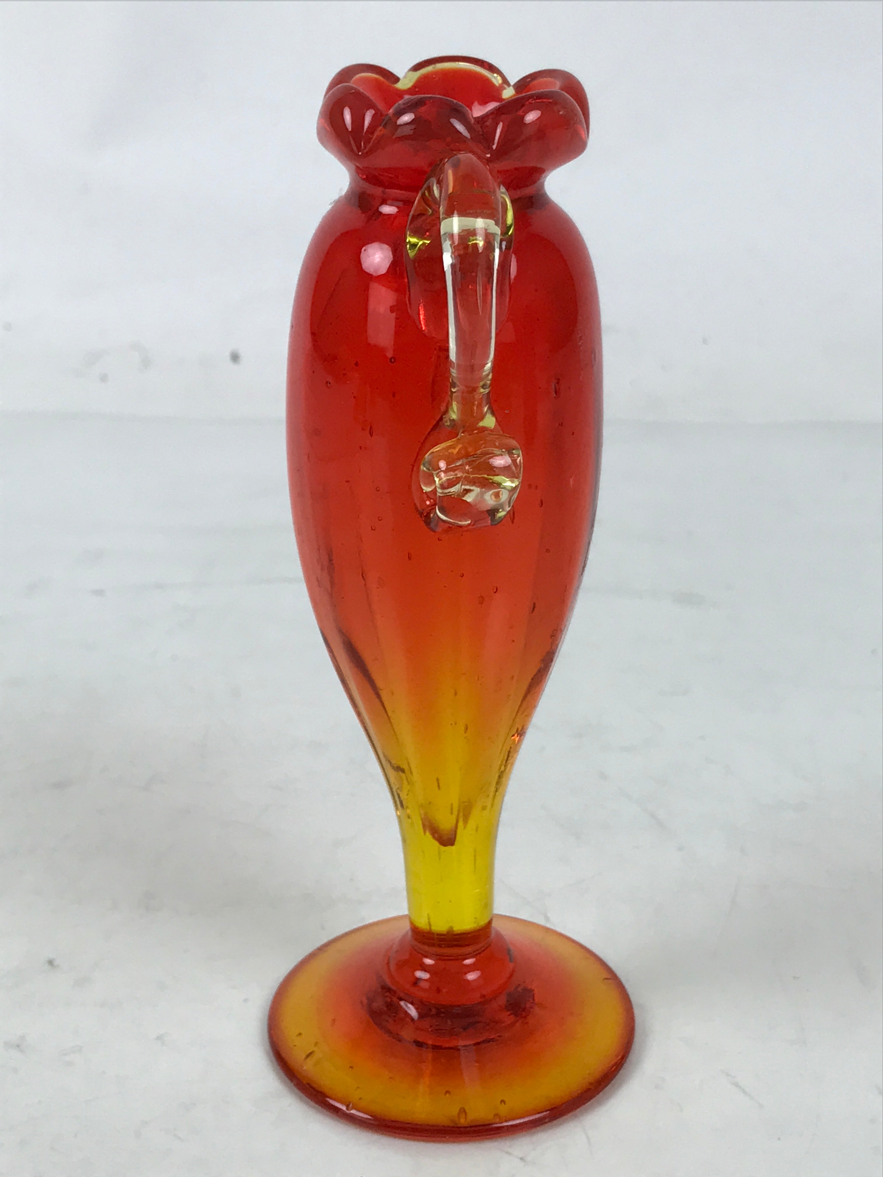 Japanese Glass Flower Vase Vtg Kabin Red Ichirinzashi Translucent Handle FK199