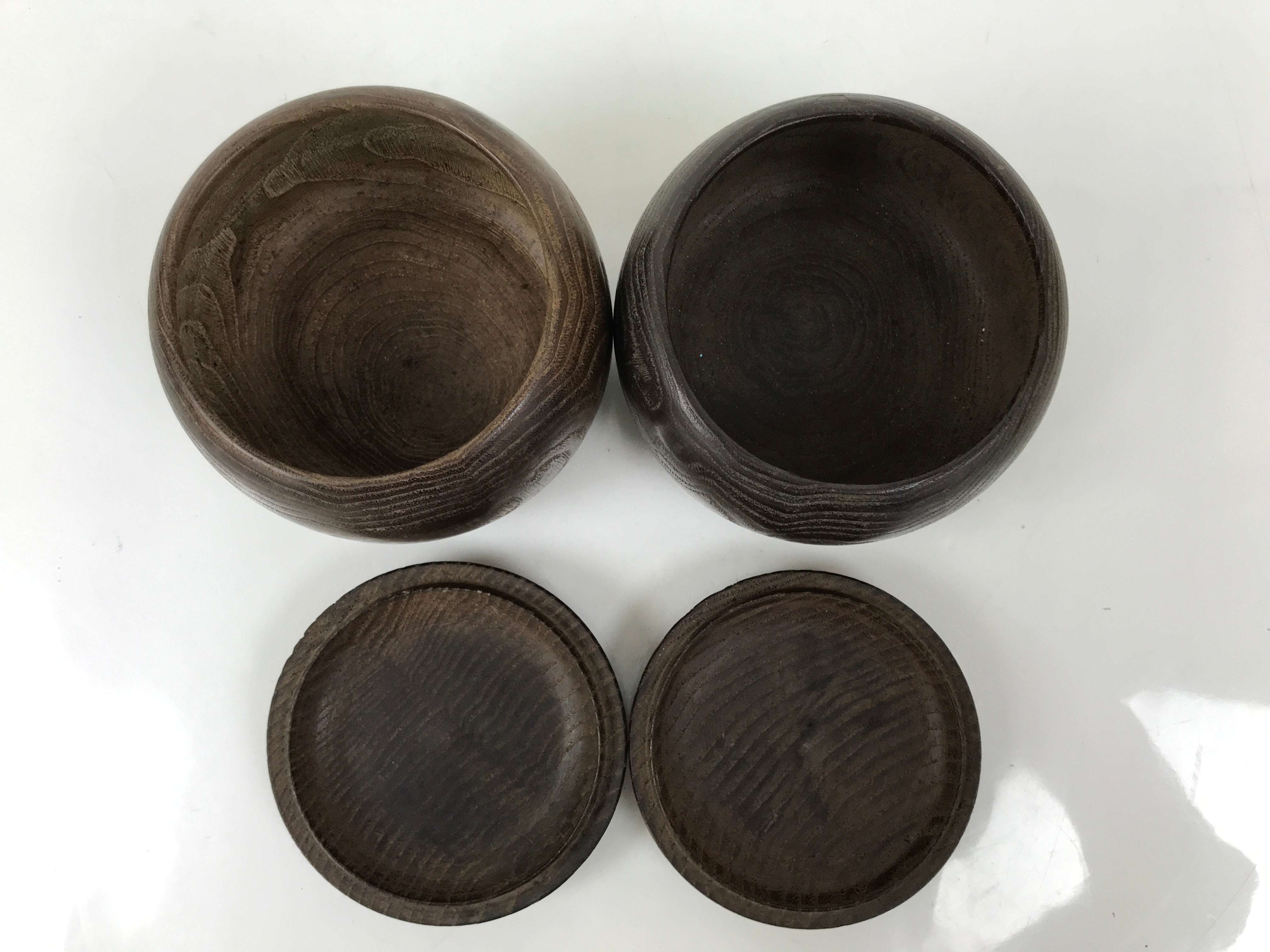 Japanese Go Stone Goishi Game Pieces Set Vtg Igo Brown Wood Bowls Glass GO100