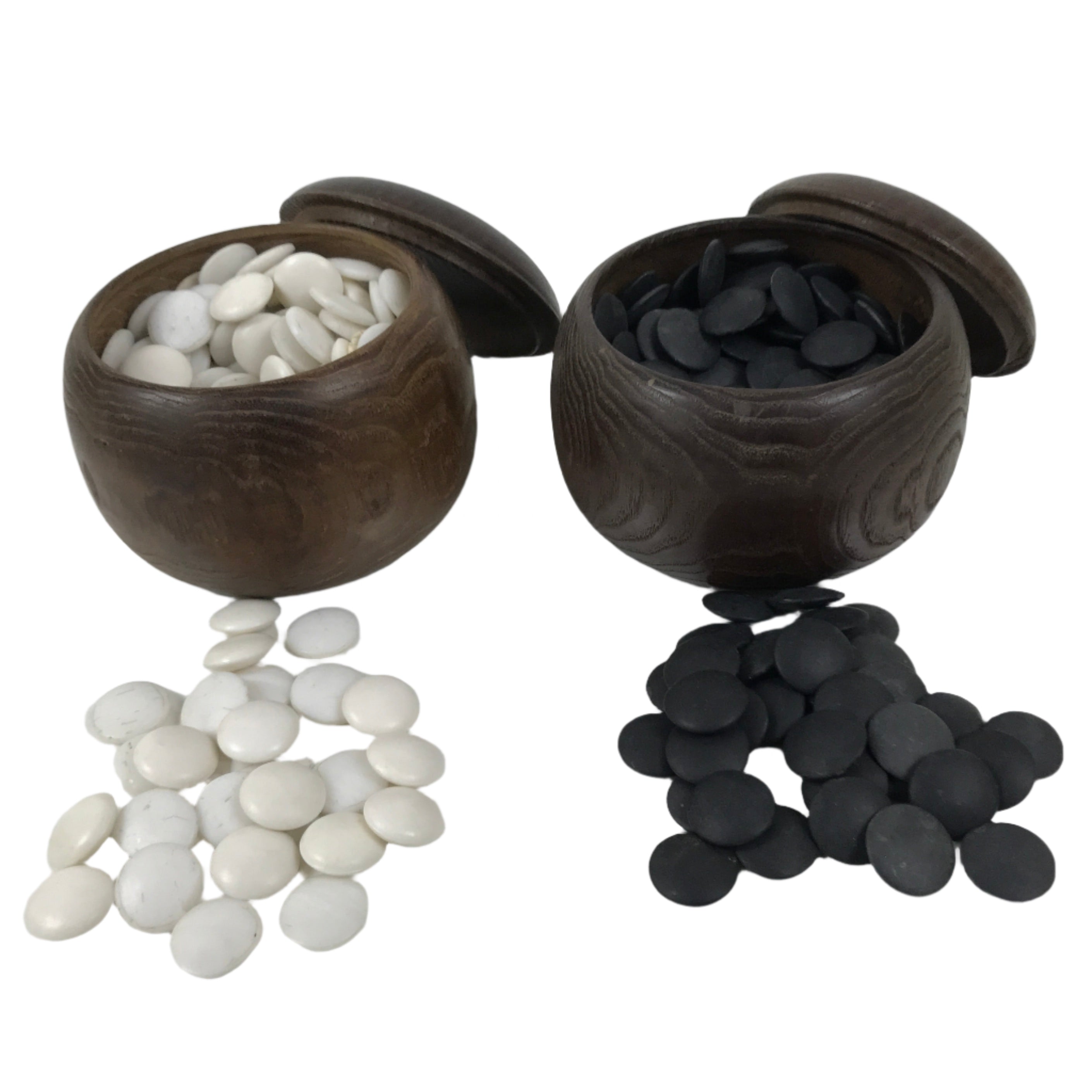 Japanese Go Stone Goishi Game Pieces Set Vtg Igo Brown Wood Bowls Glass GO100