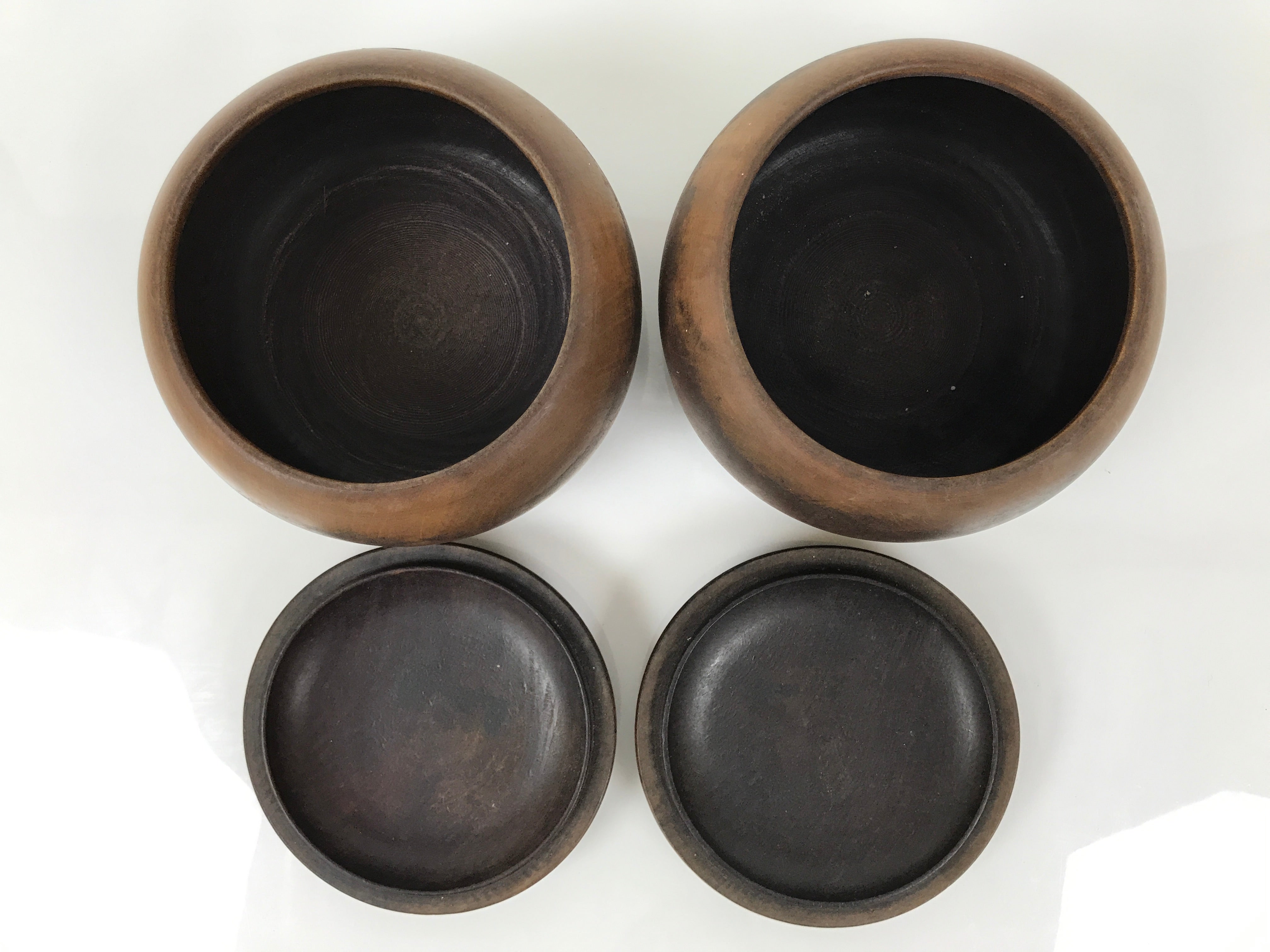 Japanese Go Stone Goishi Game Pieces Set Vtg Igo Brown Wood Bowls Glass GO103