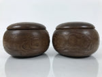 Japanese Go Stone Goishi Game Pieces Set Vtg Igo Brown Wood Bowls Glass GO104