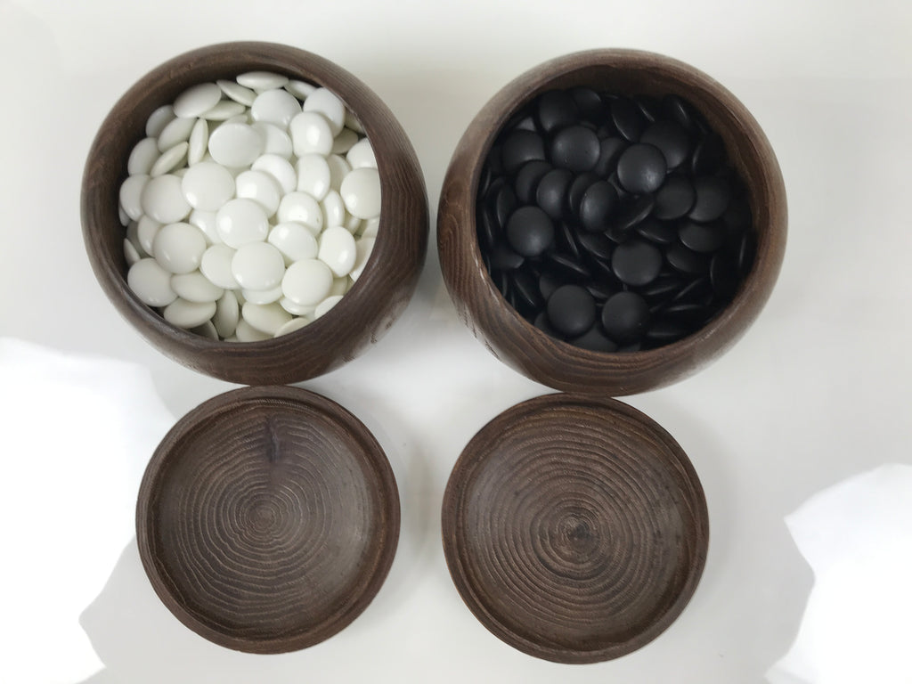 Japanese Go Stone Goishi Game Pieces Set Vtg Igo Brown Wood Bowls Glass GO104