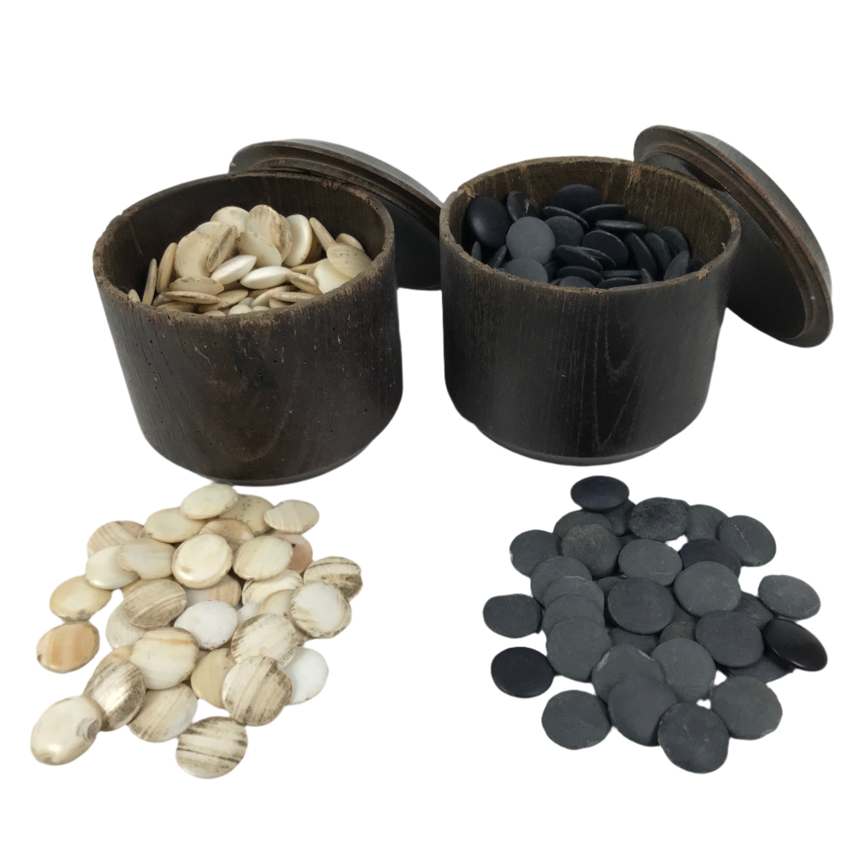 Japanese Go Stone Goishi Game Pieces Set Vtg Igo Brown Wood Bowls Shell GO101
