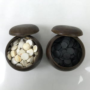 Japanese Go Stone Goishi Game Pieces Set Vtg Igo Brown Wooden Bowls Shell GO93