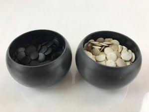Japanese Go Stone Goishi Game Pieces Vtg Black Plastic Bowls Shell Stone GO85