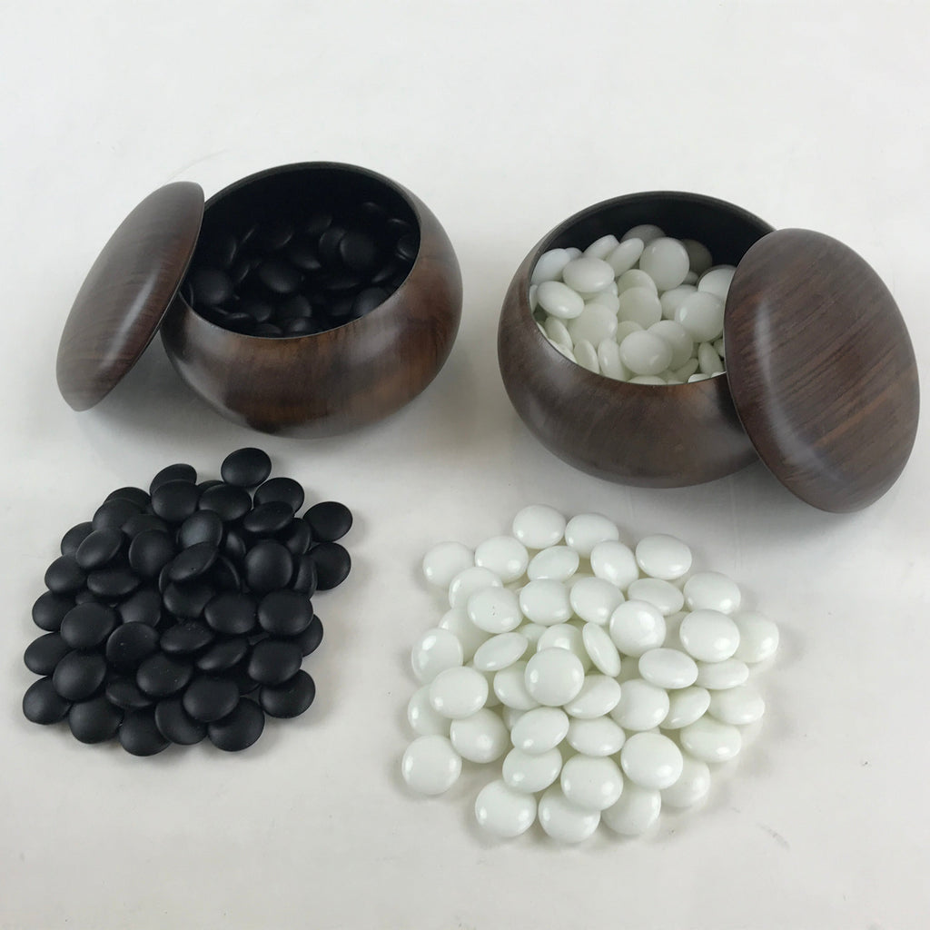 Japanese Go Stone Goishi Game Pieces Vtg Brown Plastic Bowls Glass GO84