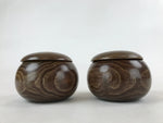 Japanese Go Stone Goishi Game Pieces Vtg Igo Brown Wooden Bowls Glass GO91