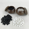 Japanese Go Stone Goishi Game Pieces Vtg Igo Brown Wooden Bowls Glass GO91