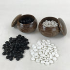 Japanese Go Stone Goishi Game Pieces Vtg Igo Brown Wooden Bowls Glass GO91
