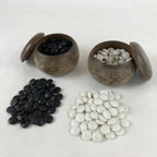 Japanese Go Stone Goishi Game Pieces Vtg Igo Brown Wooden Bowls Glass GO92