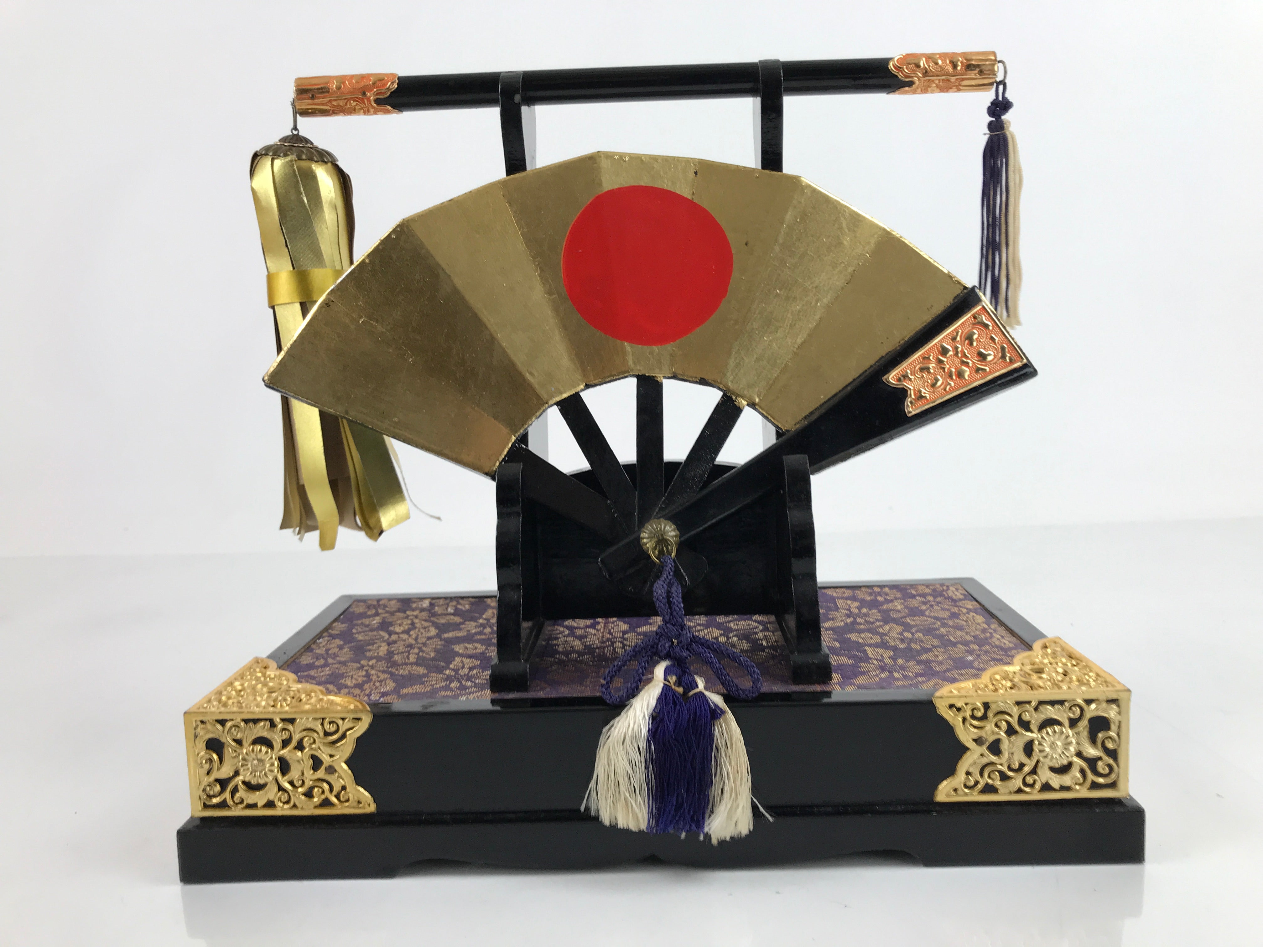 Japanese Gogatsu Ningyo Military Fan Display Vtg Lacquered Stand Boys' Day ID578