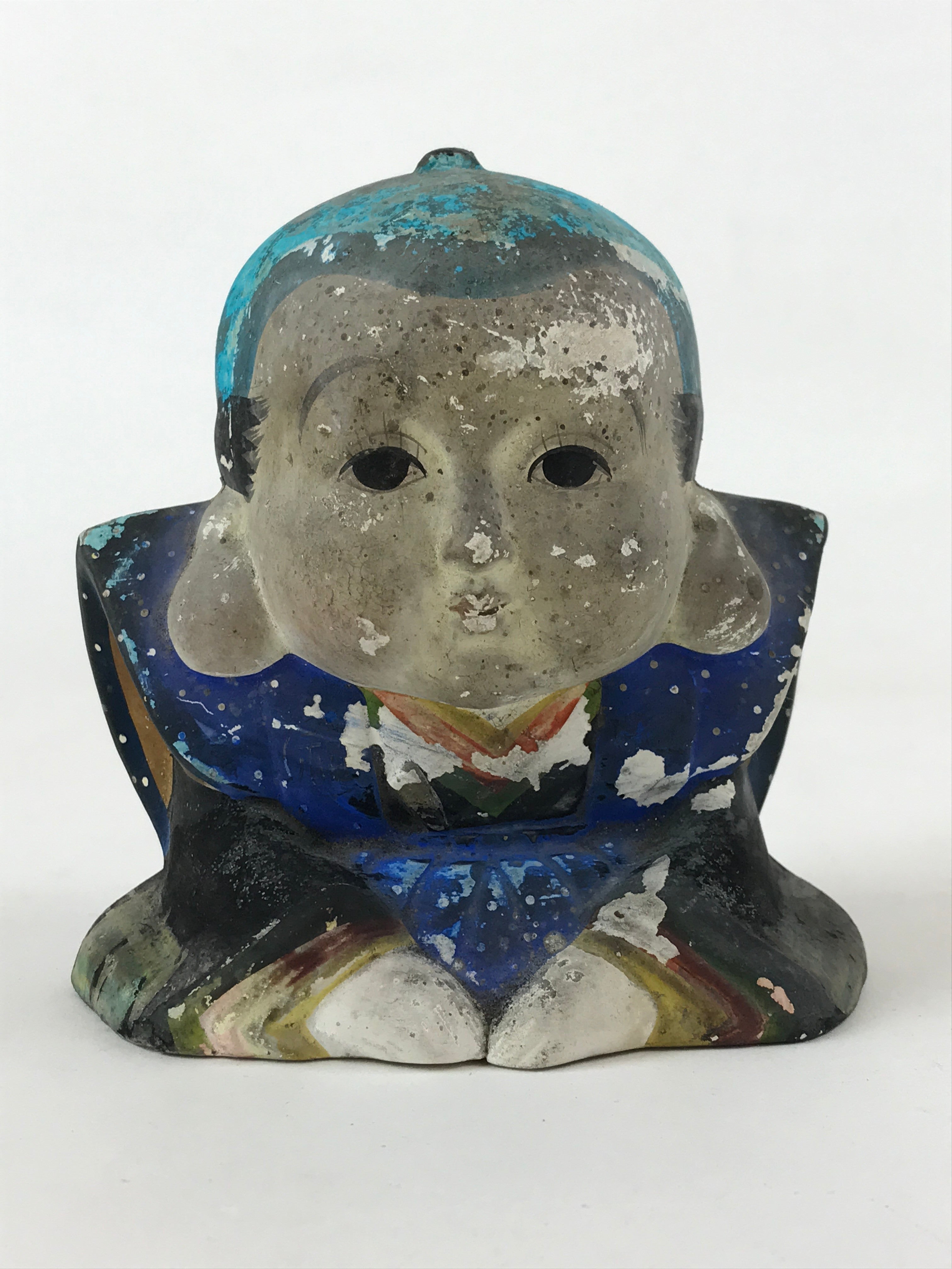 Japanese Good Luck Man Clay Figurine Vtg Fukuzuke Long Ears Blue BD943