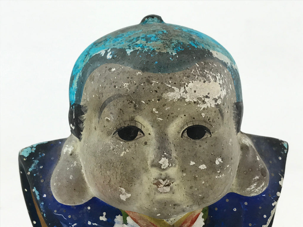 Japanese Good Luck Man Clay Figurine Vtg Fukuzuke Long Ears Blue BD943