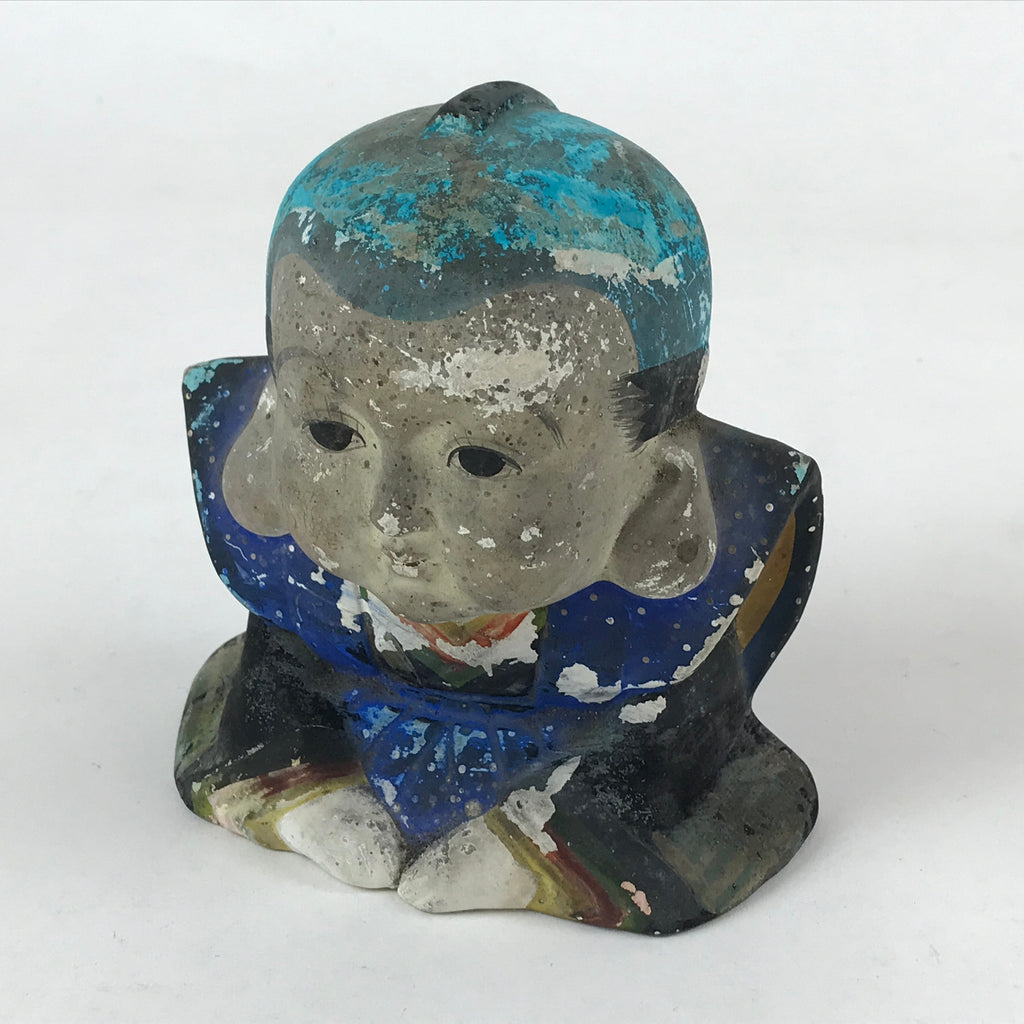 Japanese Good Luck Man Clay Figurine Vtg Fukuzuke Long Ears Blue BD943