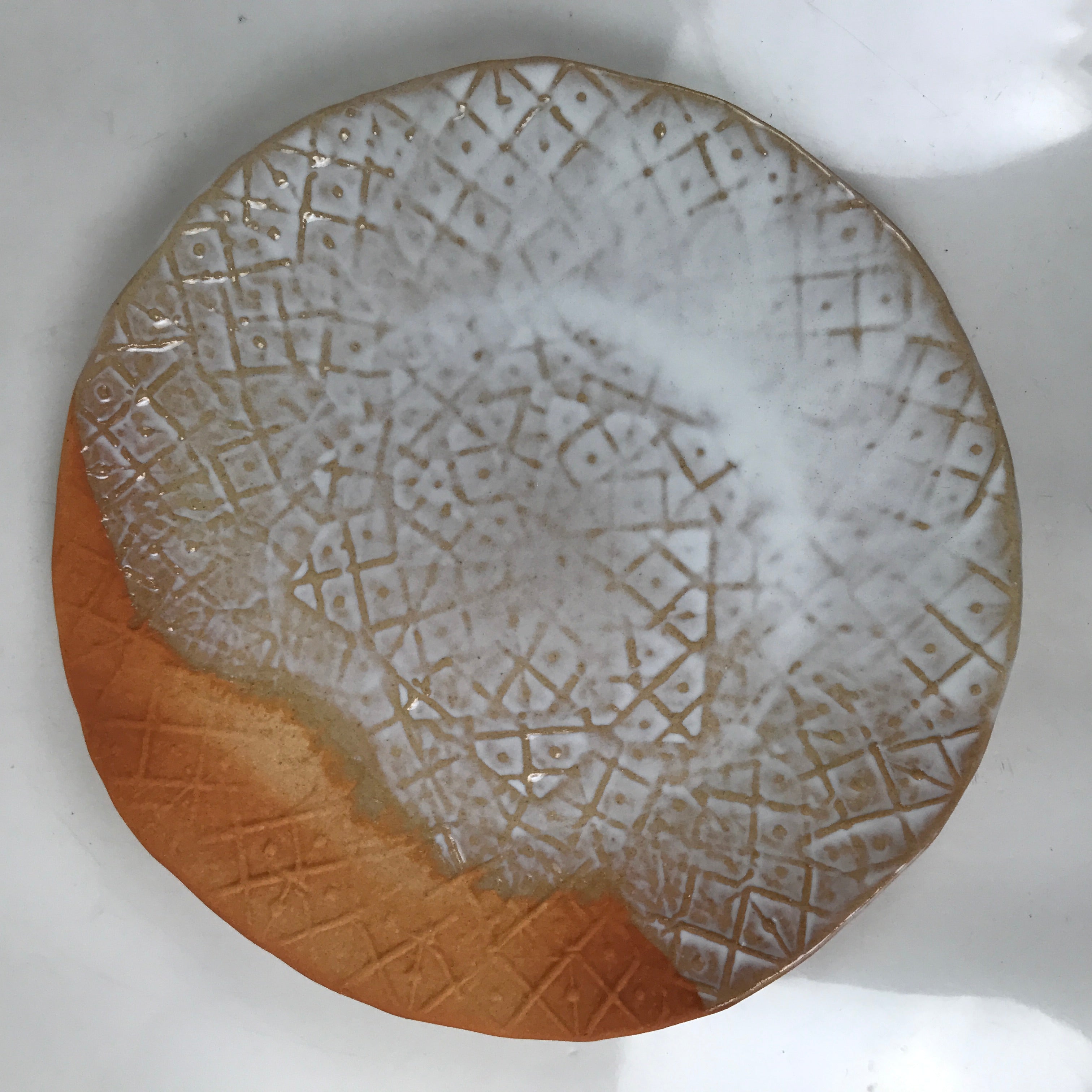Japanese Hagi-yaki Ceramic Serving Dish Round Large Plate Box Orange White PX772